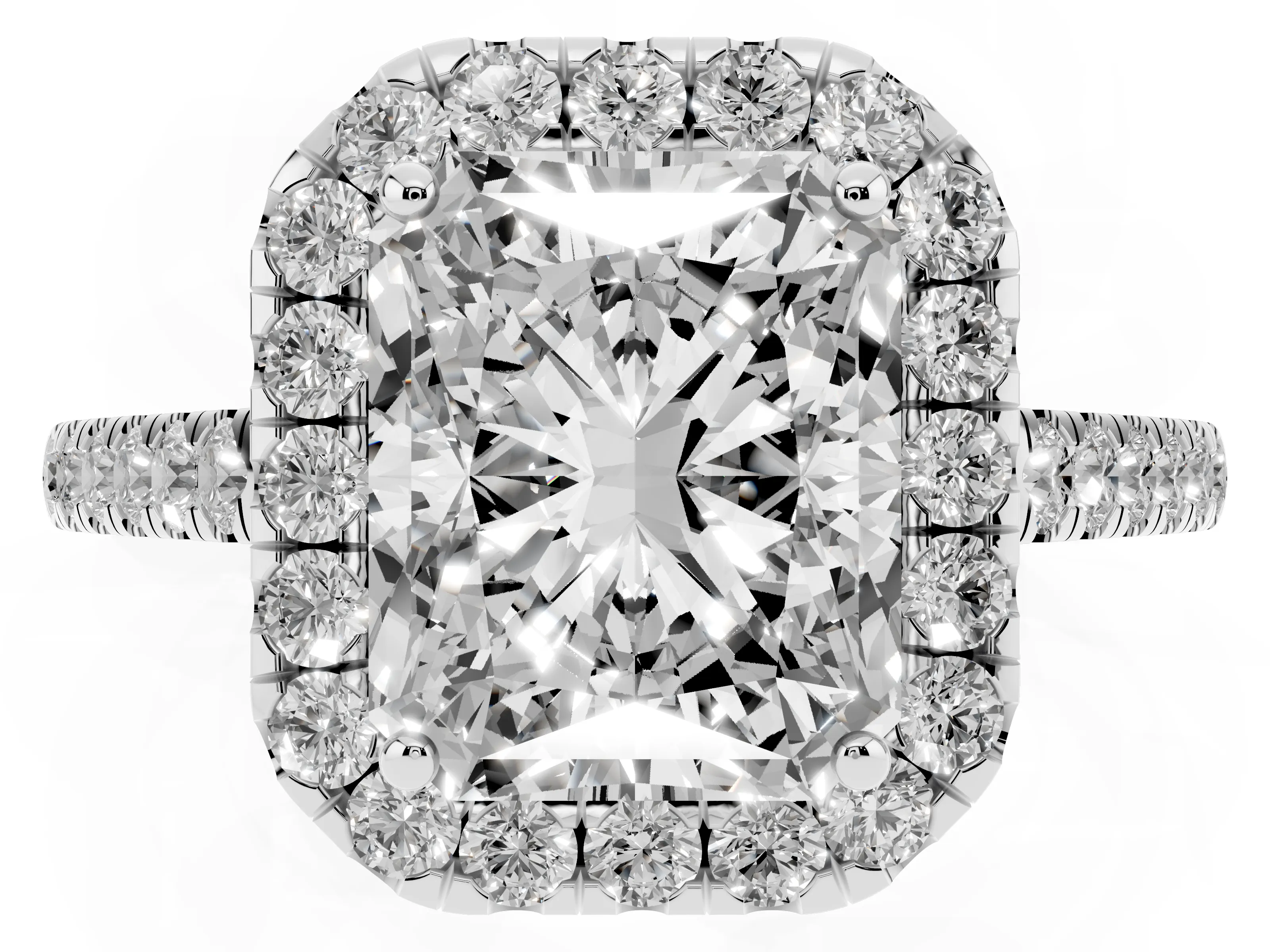 Radiant Cut Diamond Halo Pavé Engagement Ring Set in Platinum with Prong Setting
