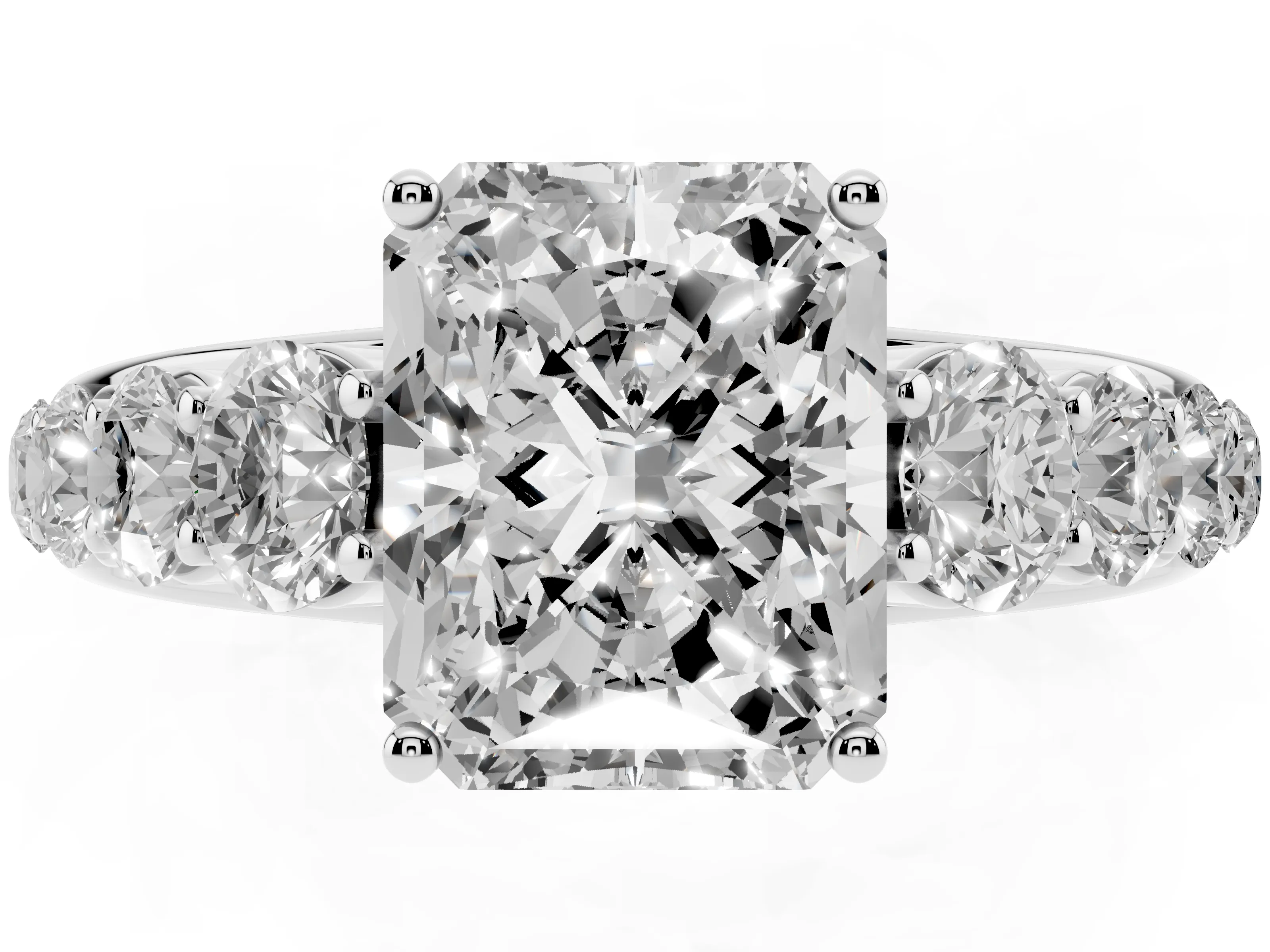 Radiant Cut Diamond Solitaire Ring Set in Silver with Pavé-Set Band and Prong Setting