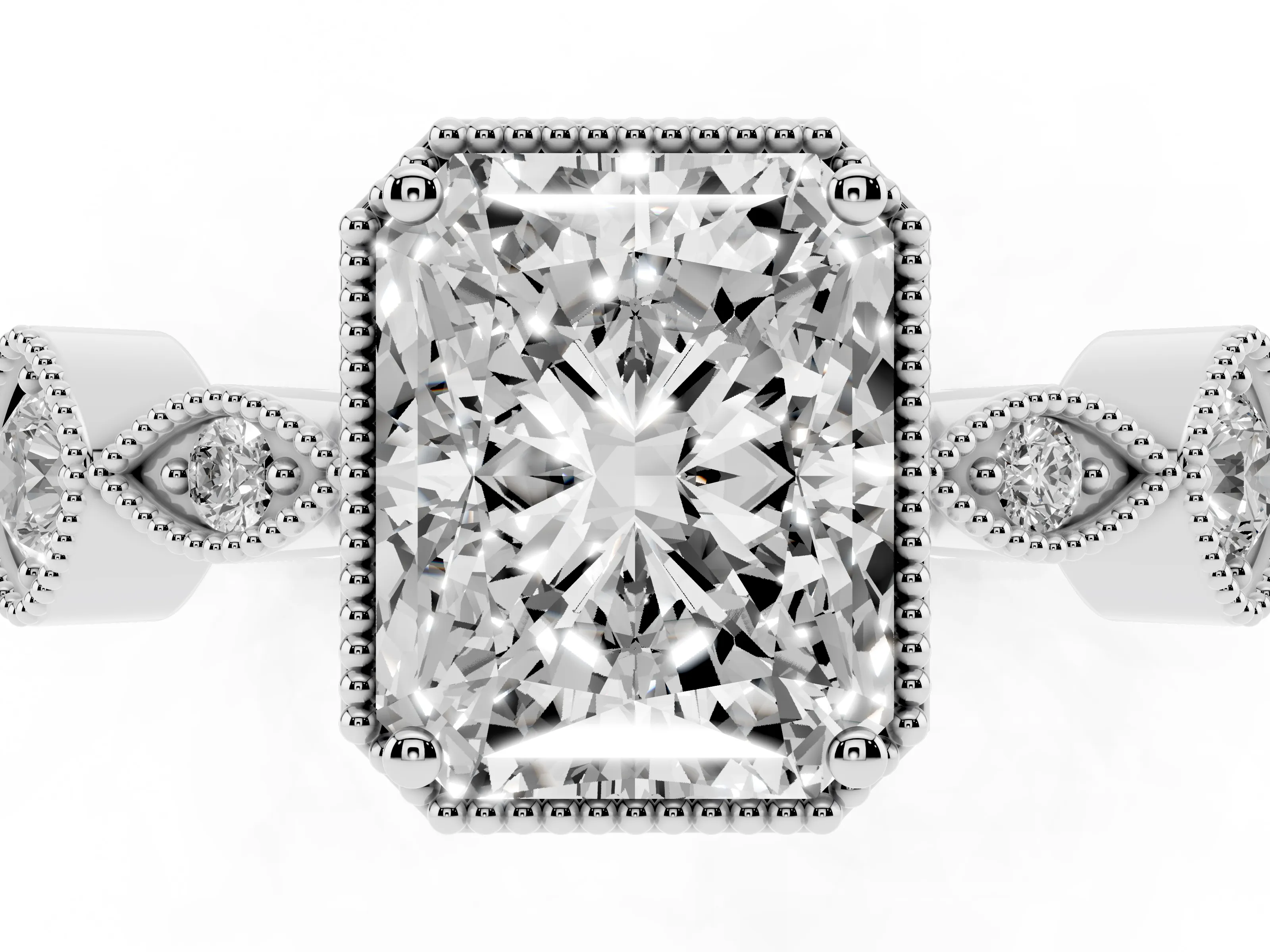 Radiant Cut Diamond Vintage-Inspired Milgrain Ring Set in Platinum with Marquise Stations of Round Accents