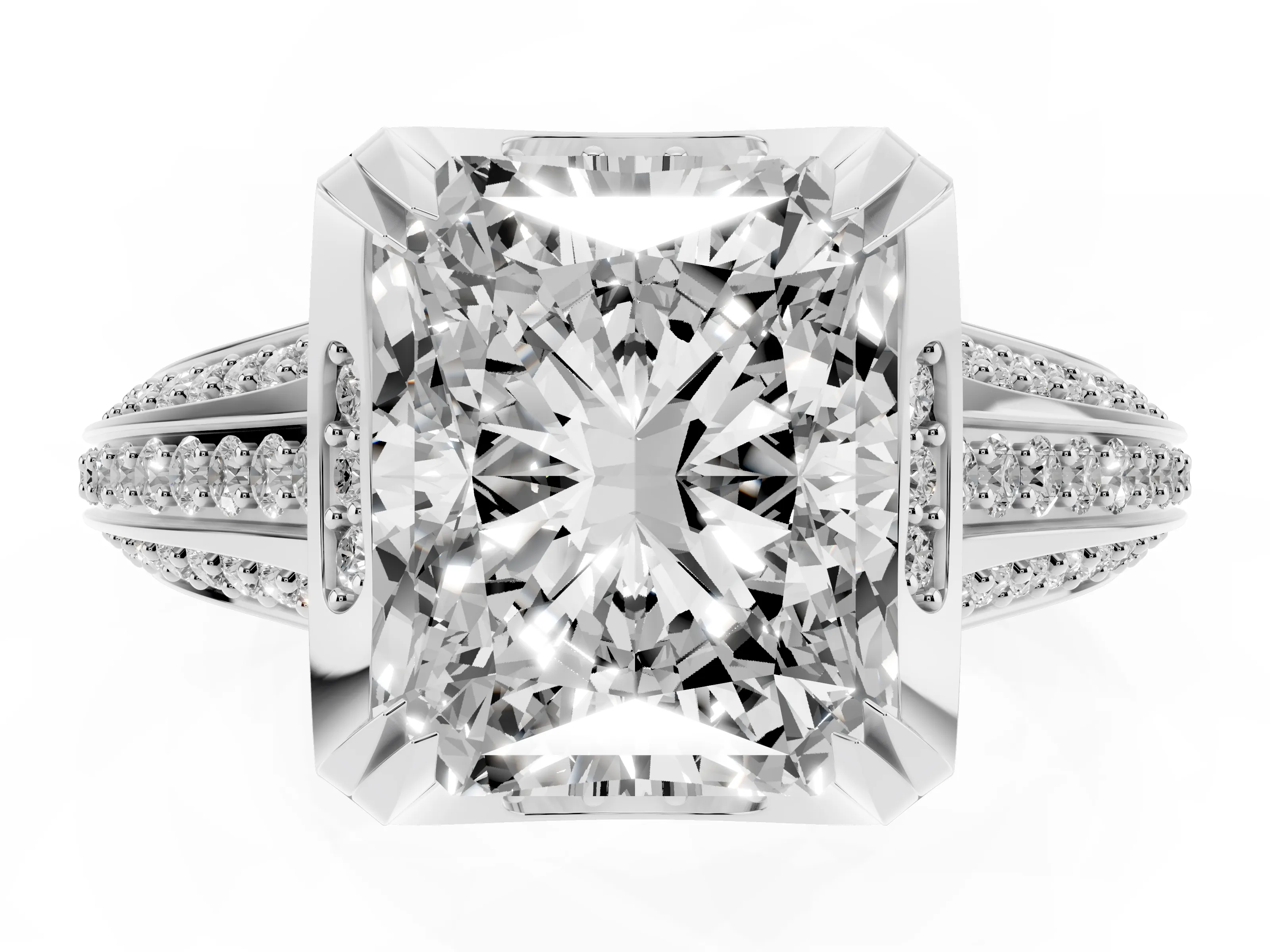 Radiant Cut Diamond Pavé Split Shank Solitaire Ring Set in Platinum with Prong Setting