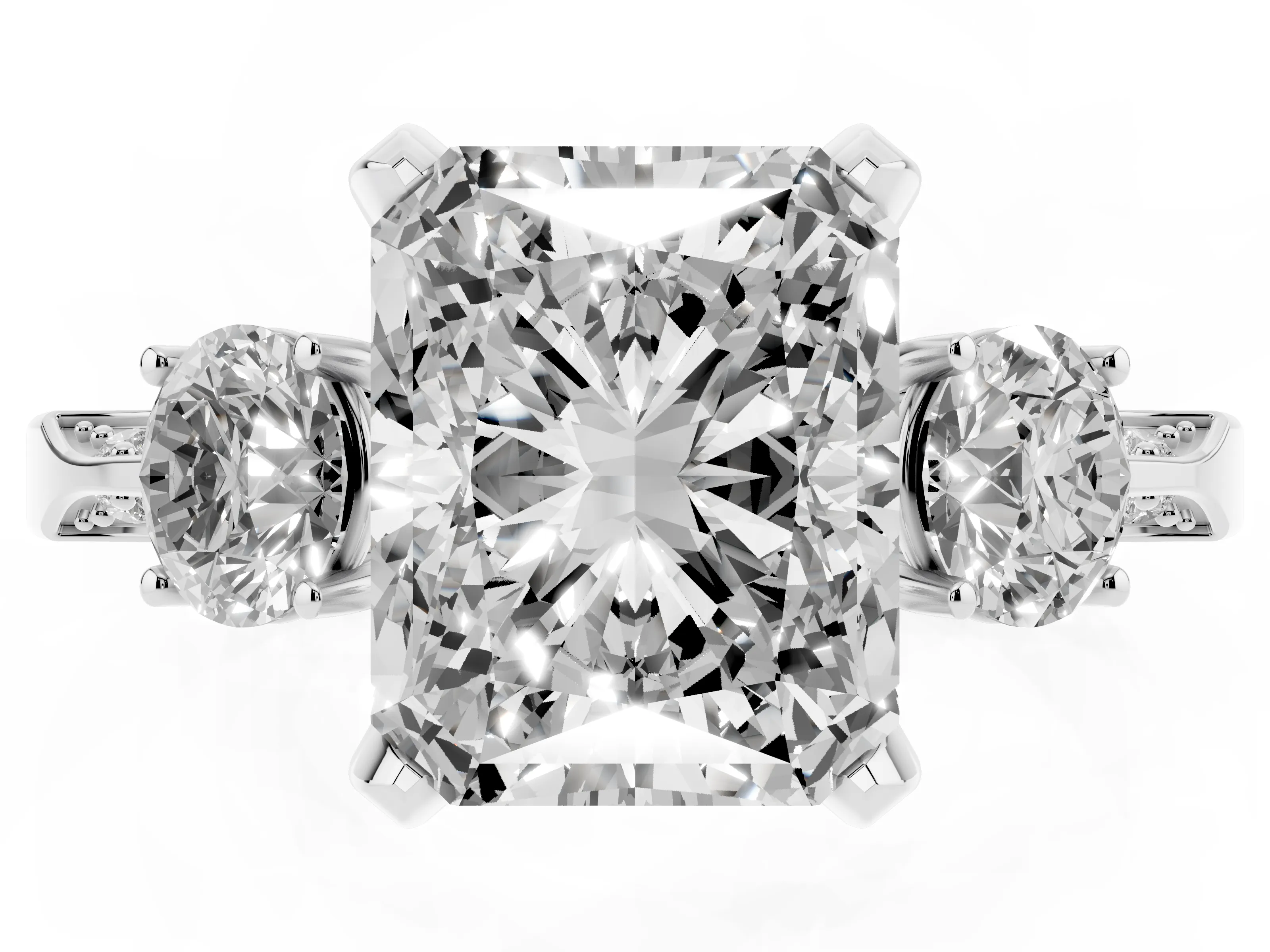 Radiant Cut Diamond Three-Stone Ring Set in Platinum with Pavé Band and Smaller Side Stones