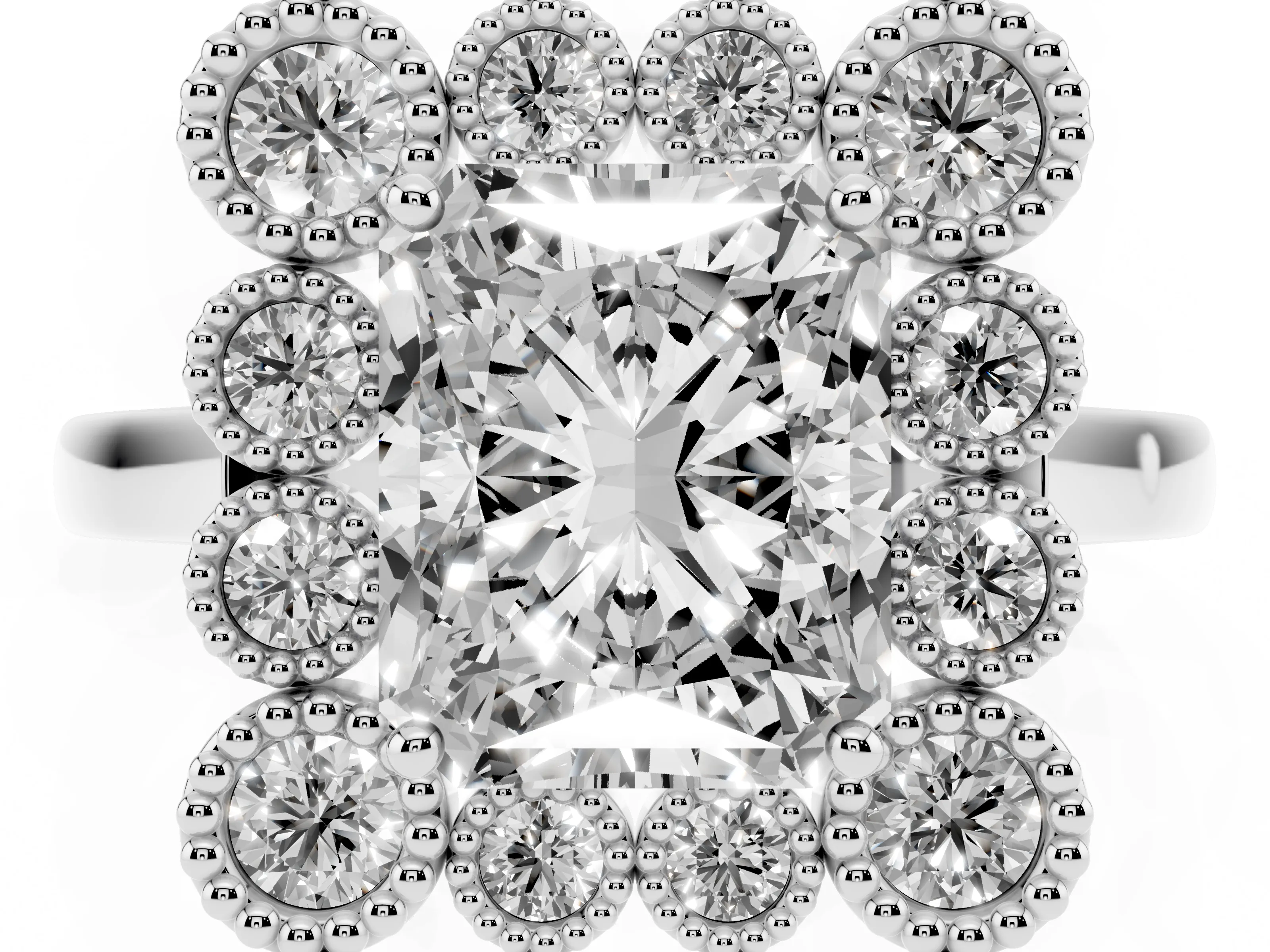 Radiant Cut Diamond Cluster Halo Ring Set in White gold with Milgrain Bezel Accents and Plain Band