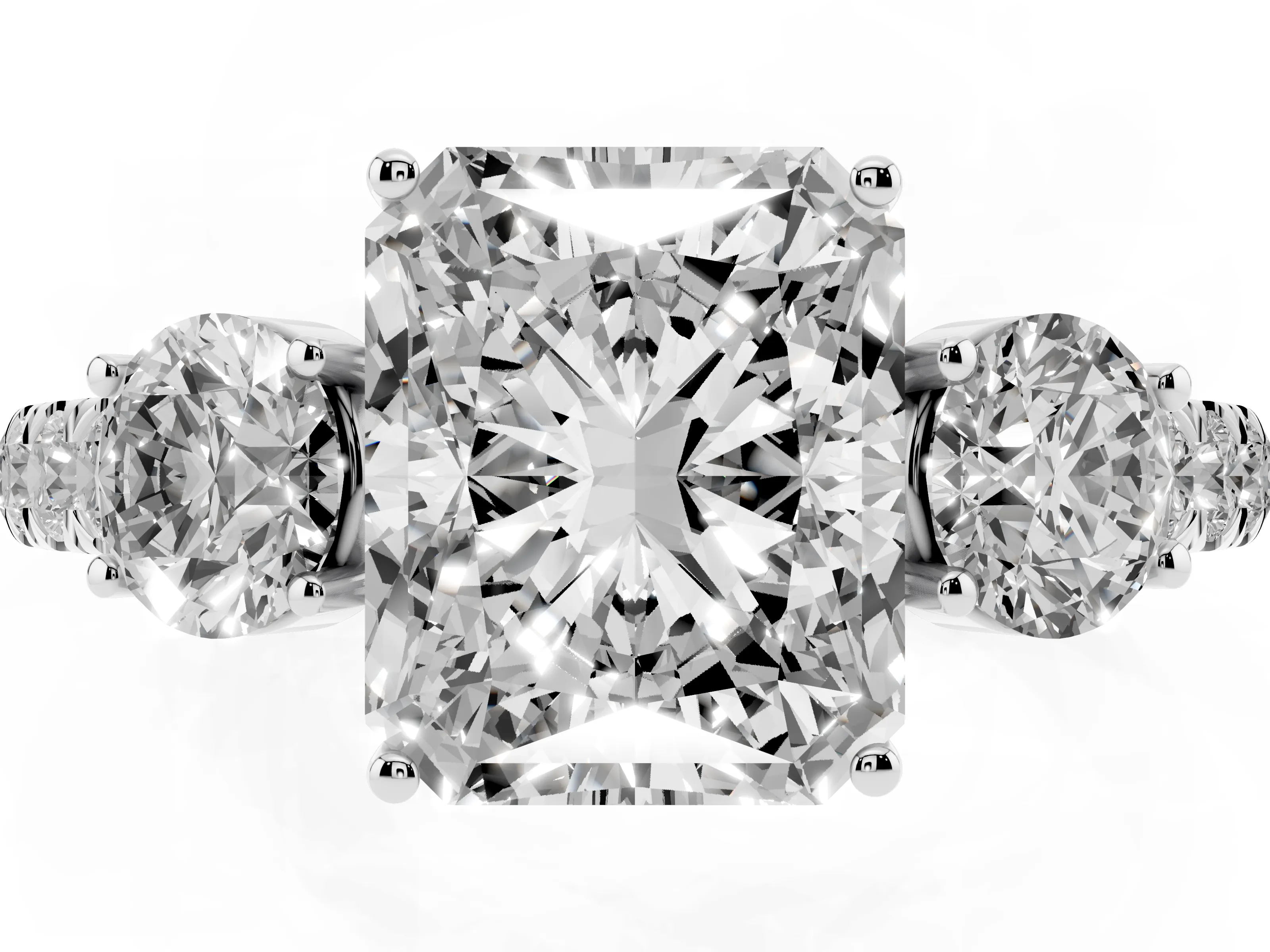Radiant Cut Diamond Three-Stone Ring Set in Platinum with Round Side Stones and Delicate Pavé Band
