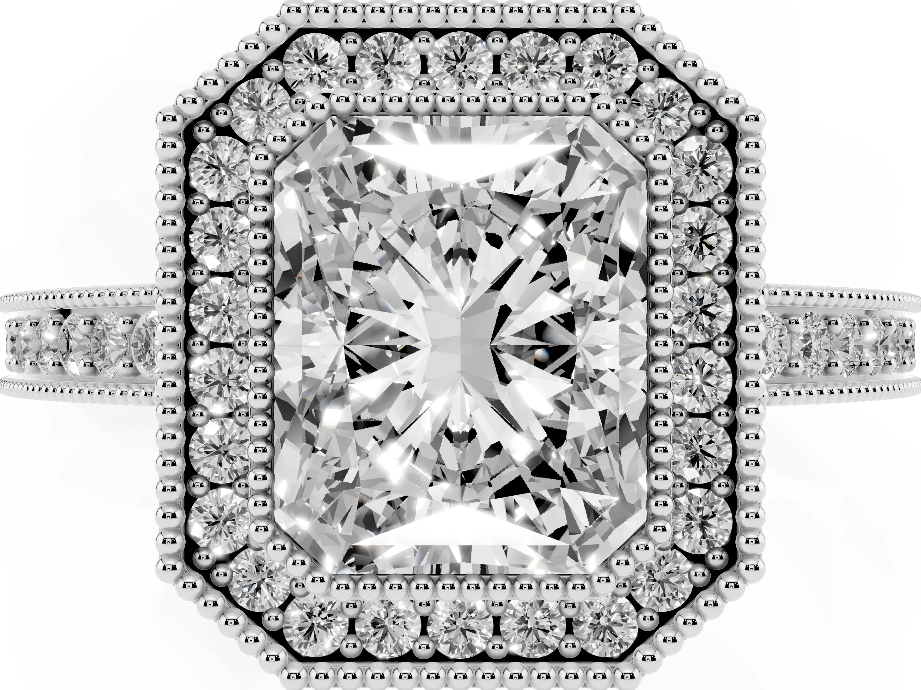Radiant Cut Diamond Round Halo Ring Set in White gold with Pavé Band