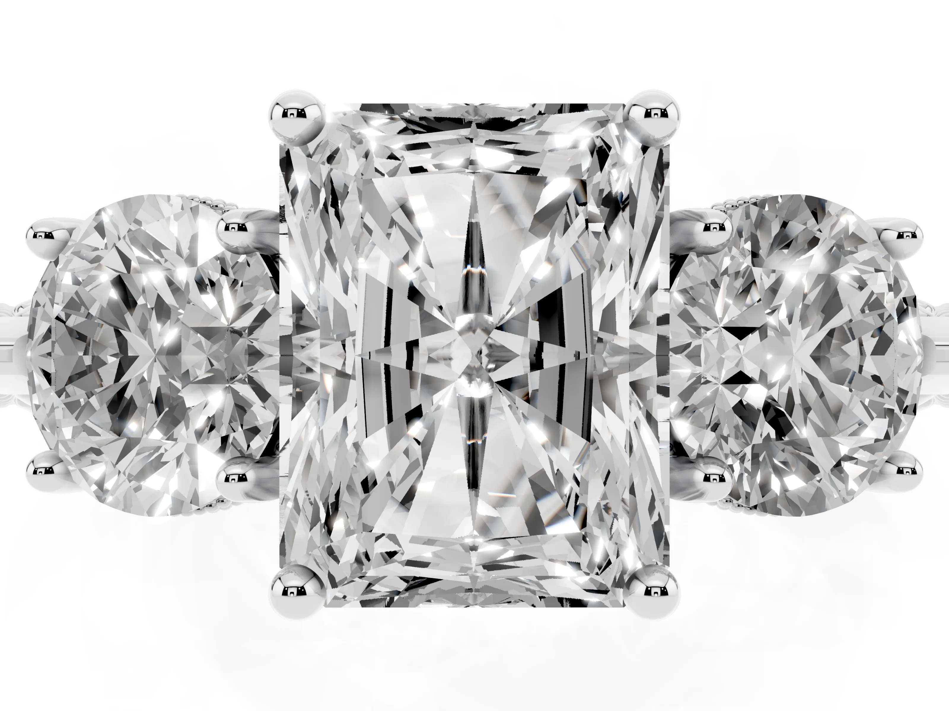 Radiant Cut Diamond Three-Stone Ring Set in Silver with Milgrain Band