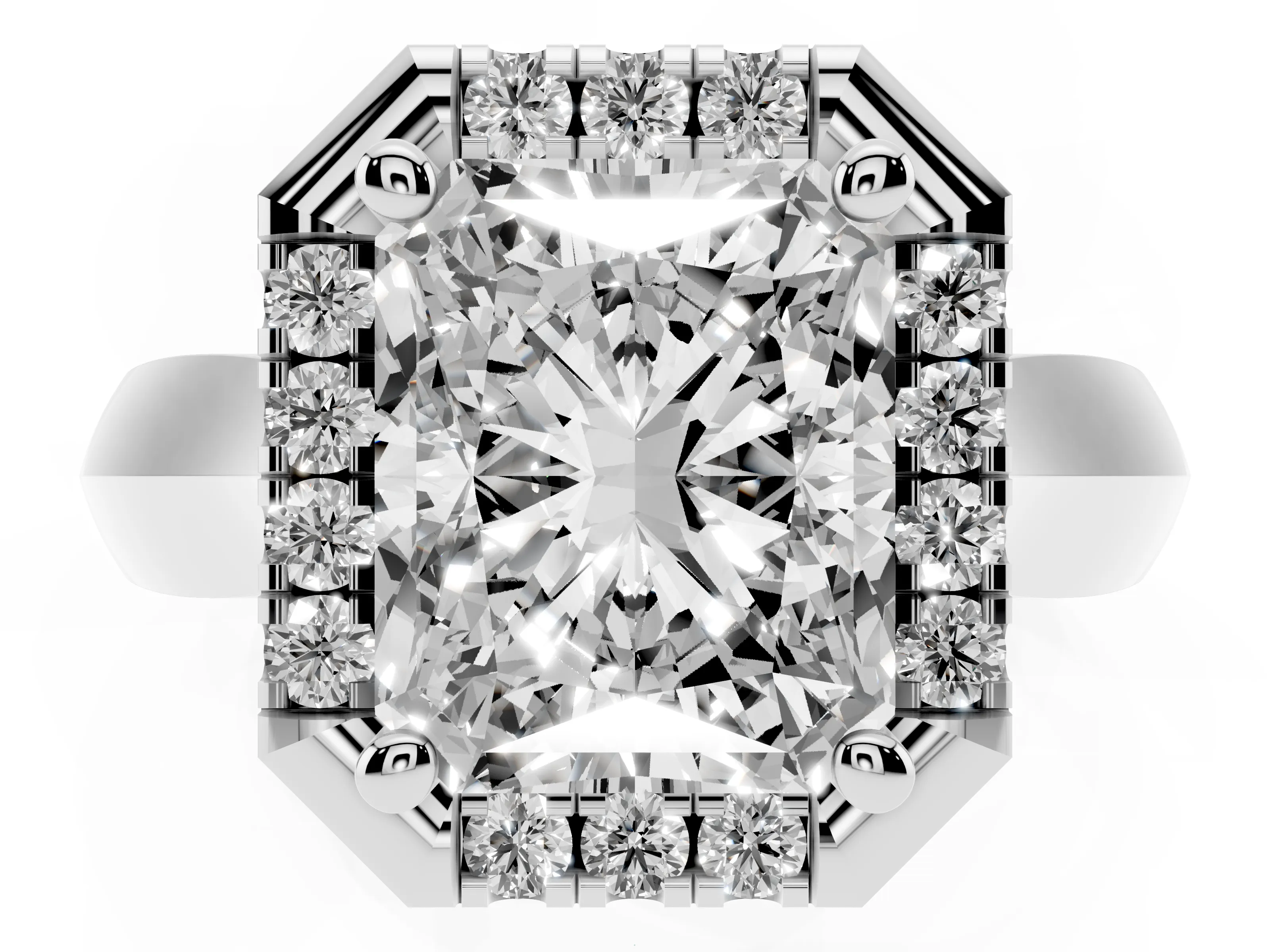 Radiant Cut Diamond Halo Solitaire Engagement Ring Set in White gold with Square Band and Prong Setting