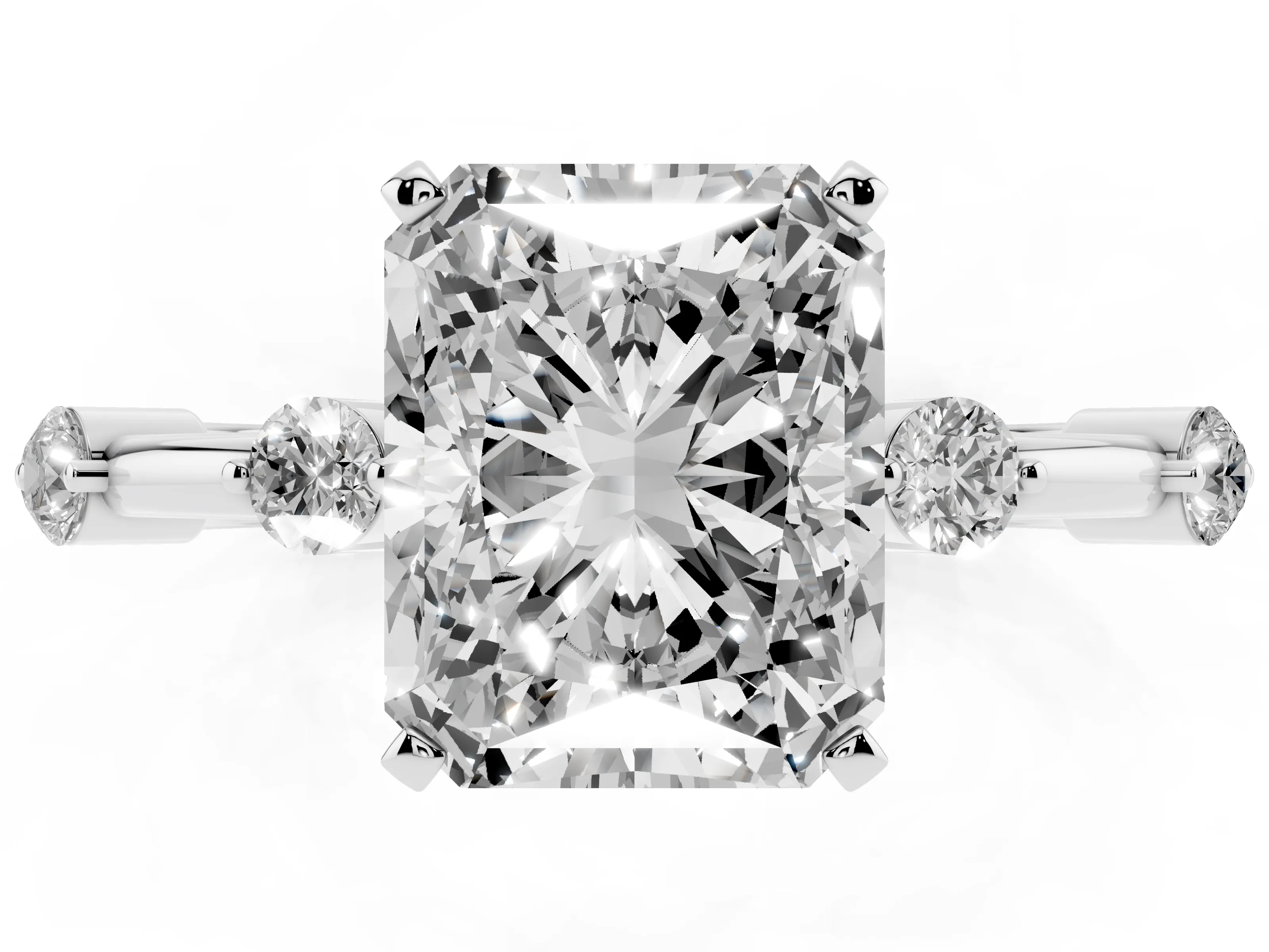 Radiant Cut Diamond Solitaire Ring Set in Silver with Bezel Set Side Stones and Prong Setting