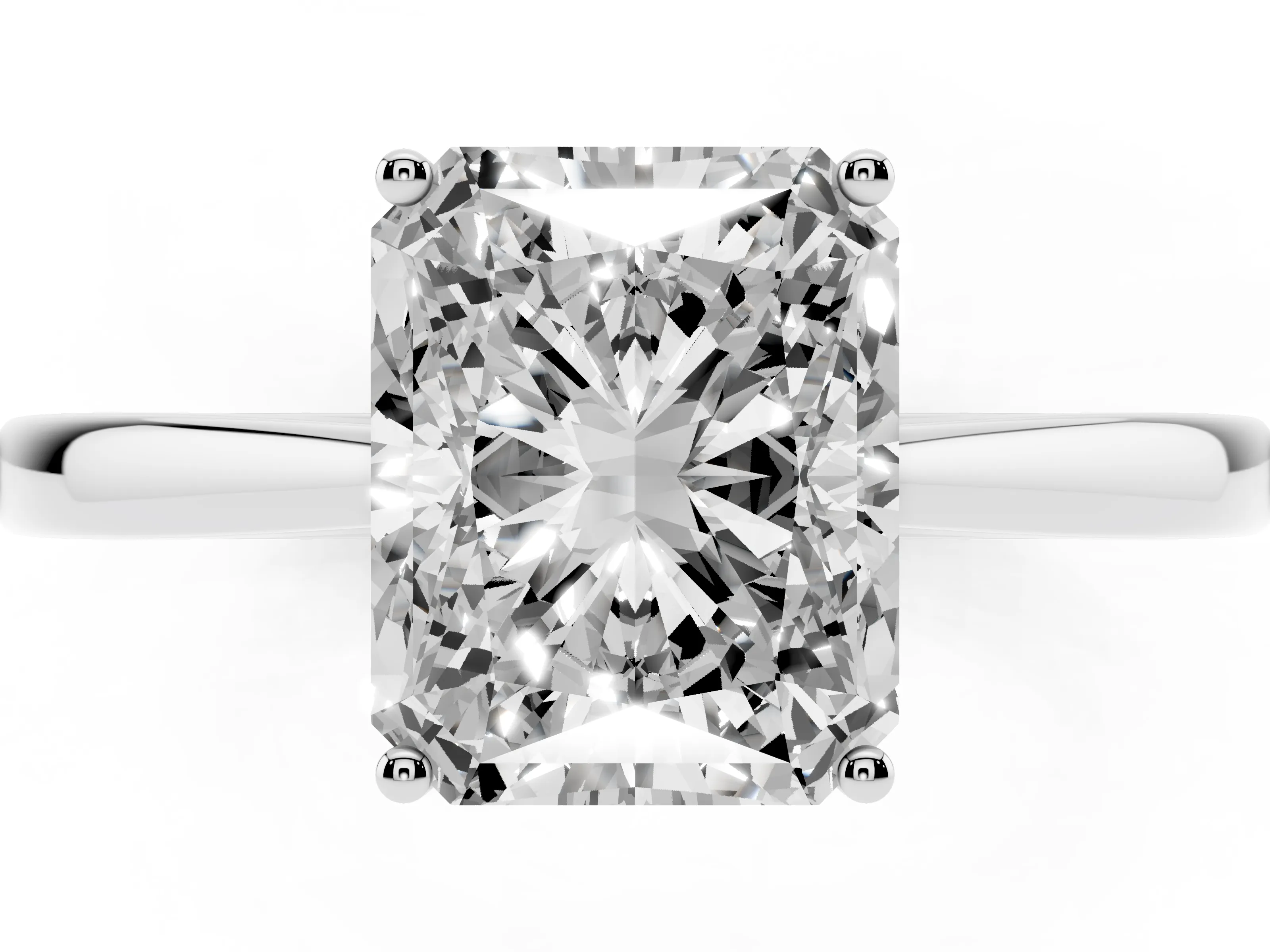 Radiant Cut Diamond Solitaire Ring Set in White gold with Split Shank and Prong Setting