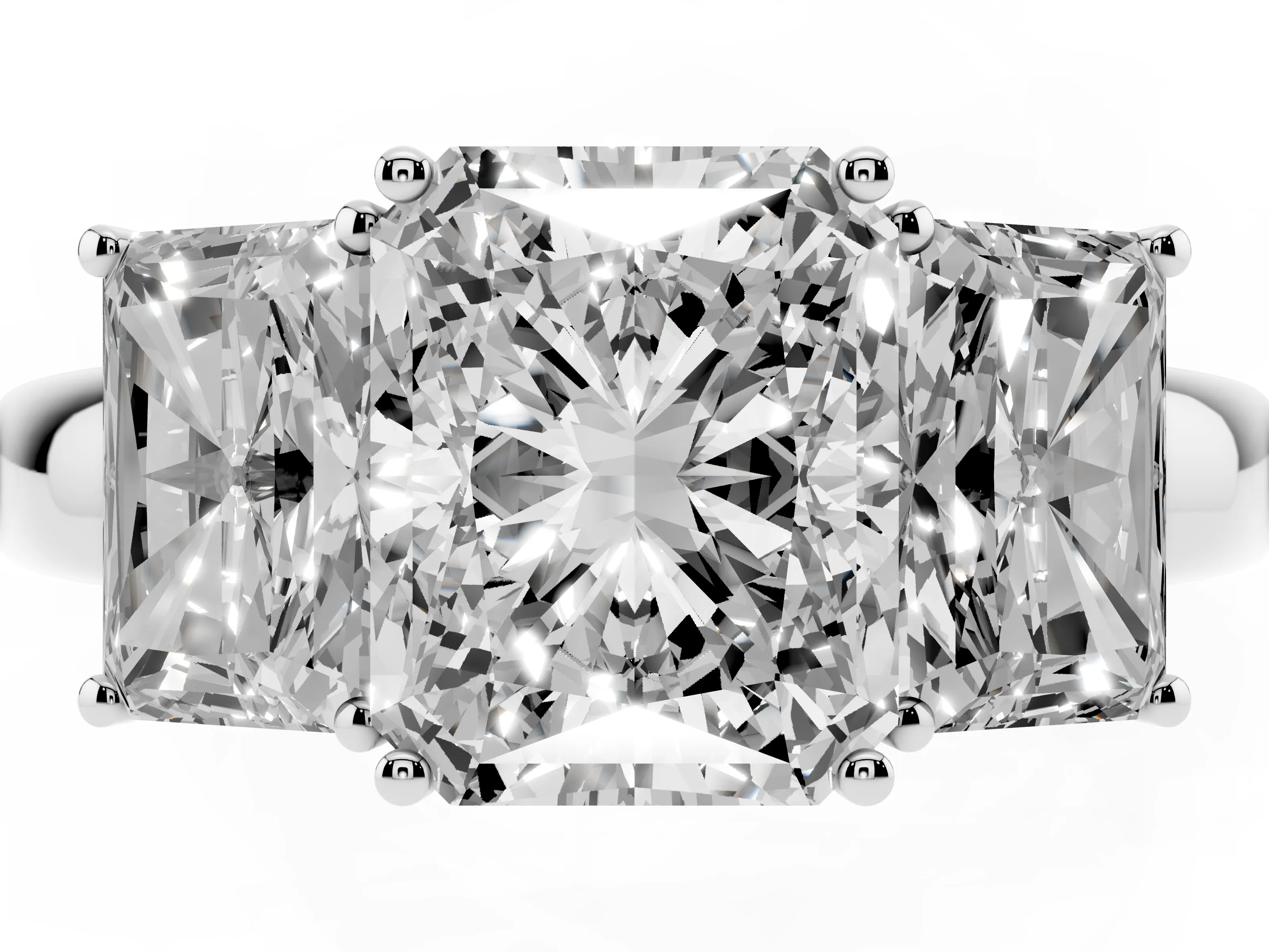 Radiant Cut Diamond Three-Stone Ring Set in Platinum with Bold Center and Classic Band