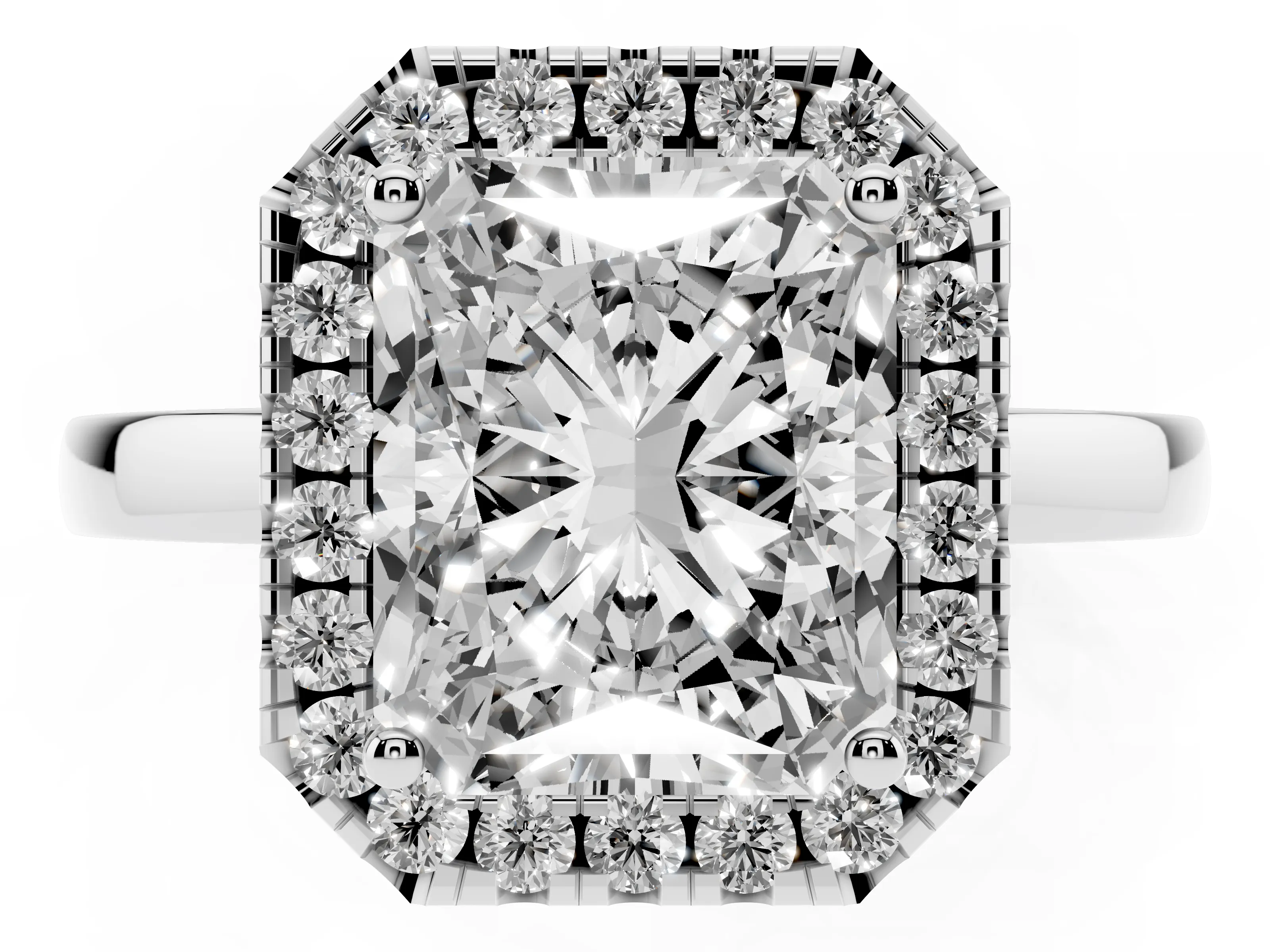 Radiant Cut Diamond Halo Solitaire Ring Set in Platinum with Pavé Band and Prong Setting