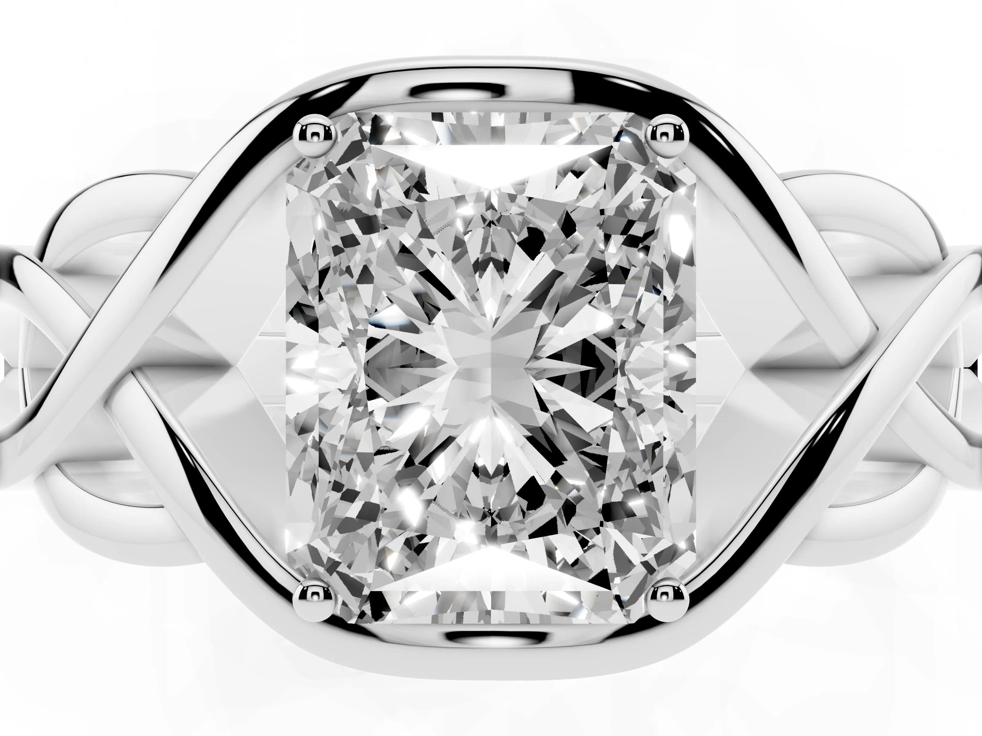 Radiant Cut Diamond Solitaire Ring Set in Silver with Intertwined Band