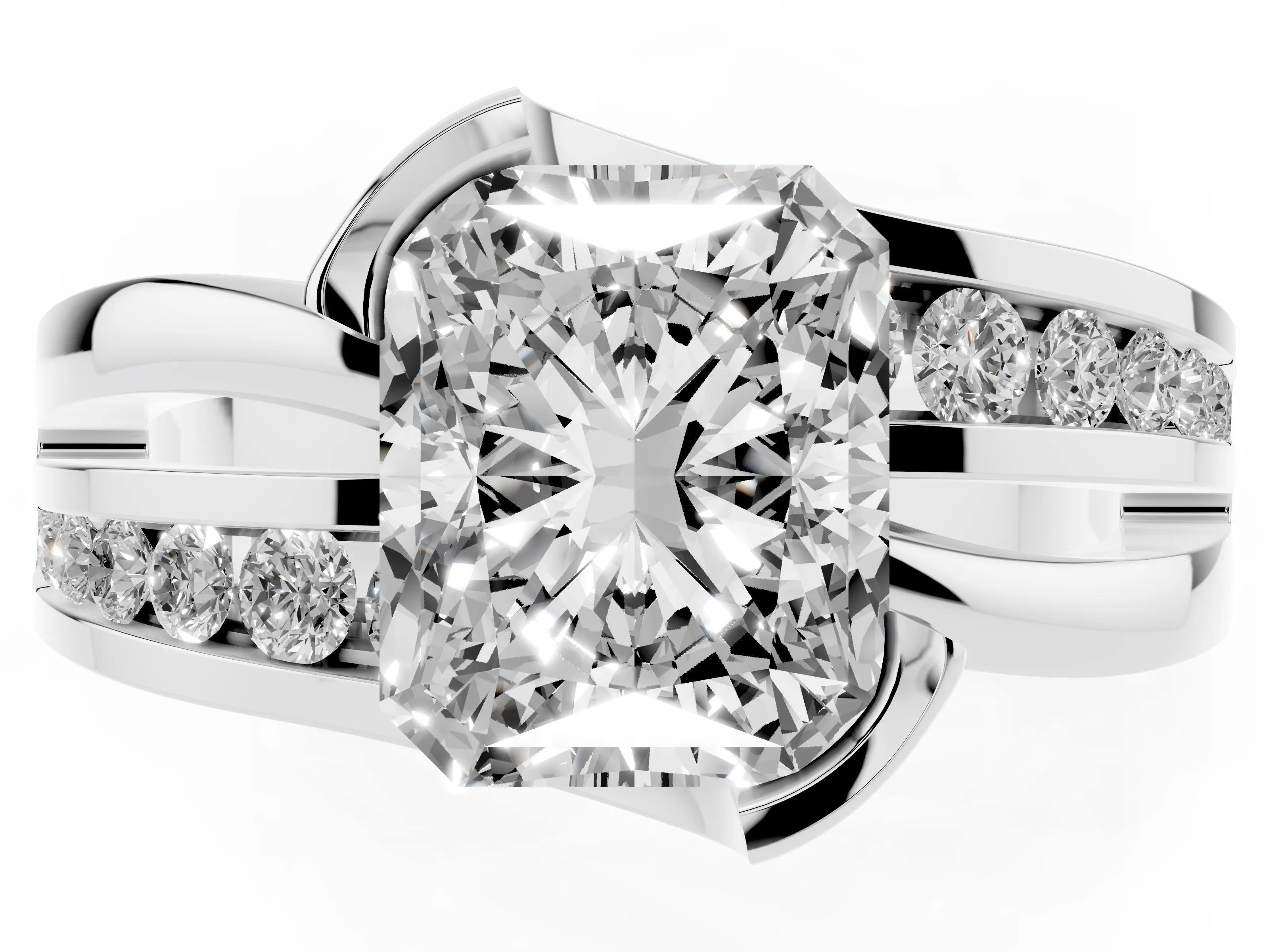 Radiant Cut Diamond Solitaire Ring Set in Platinum with Channel Set Split Shank and Tension Prongs