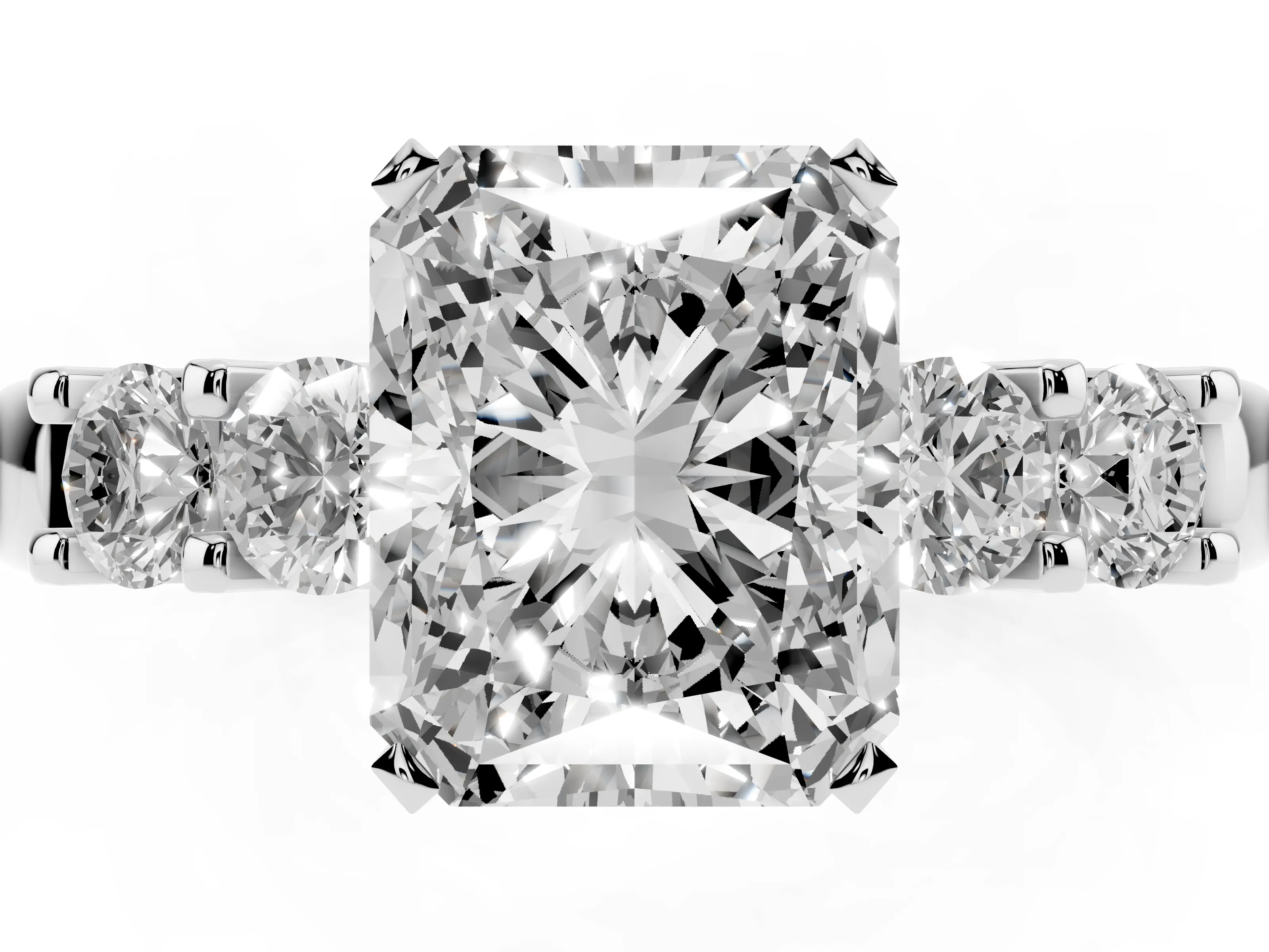 Radiant Cut Diamond Five-Stone Prong Set Engagement Ring Set in Platinum with Channel Band