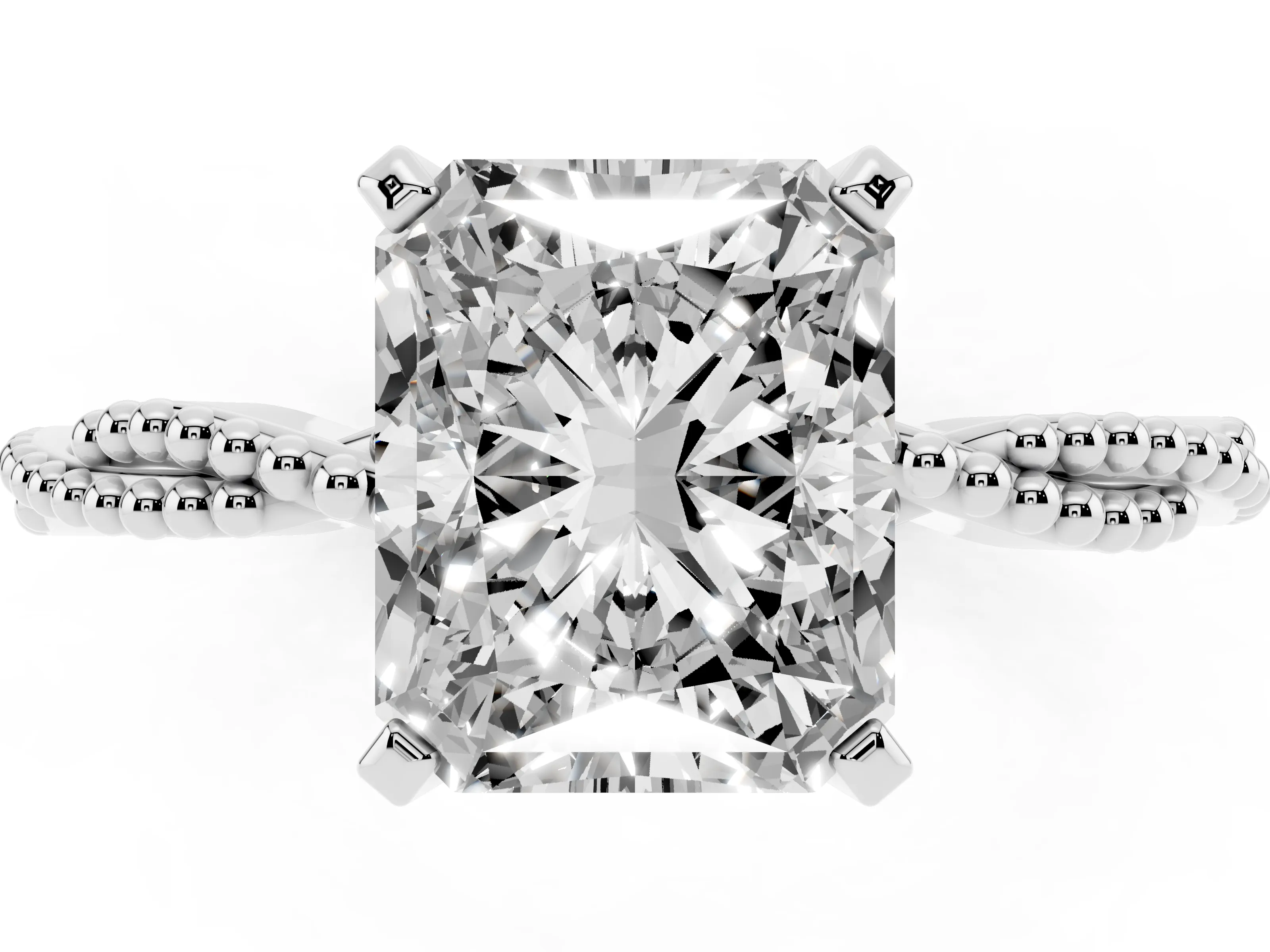 Radiant Cut Diamond Solitaire Ring Set in Platinum with Twisted Band and Bead Prong Setting
