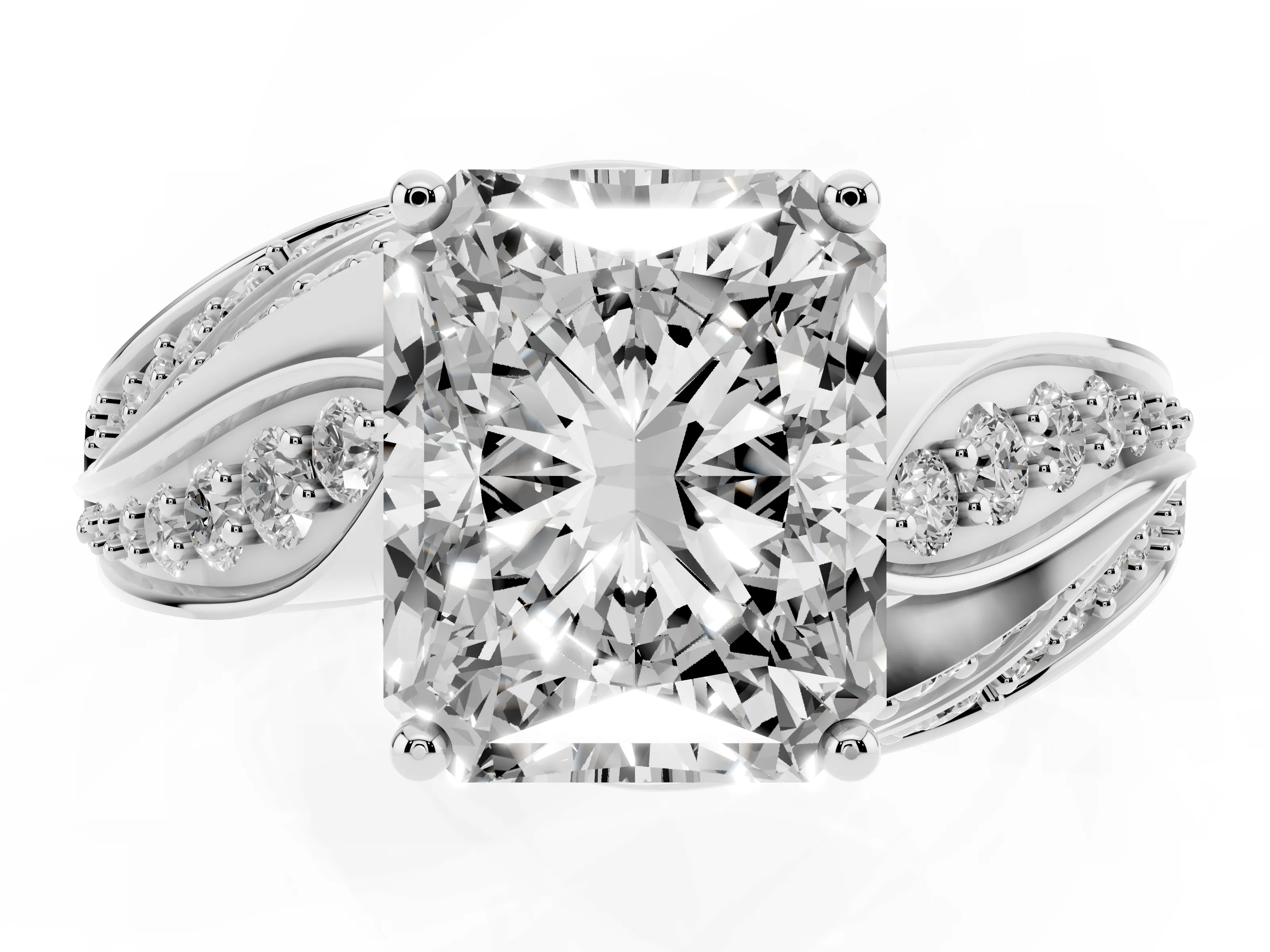 Radiant Cut Diamond Solitaire Ring Set in Platinum with Layered Twist Pavé Band