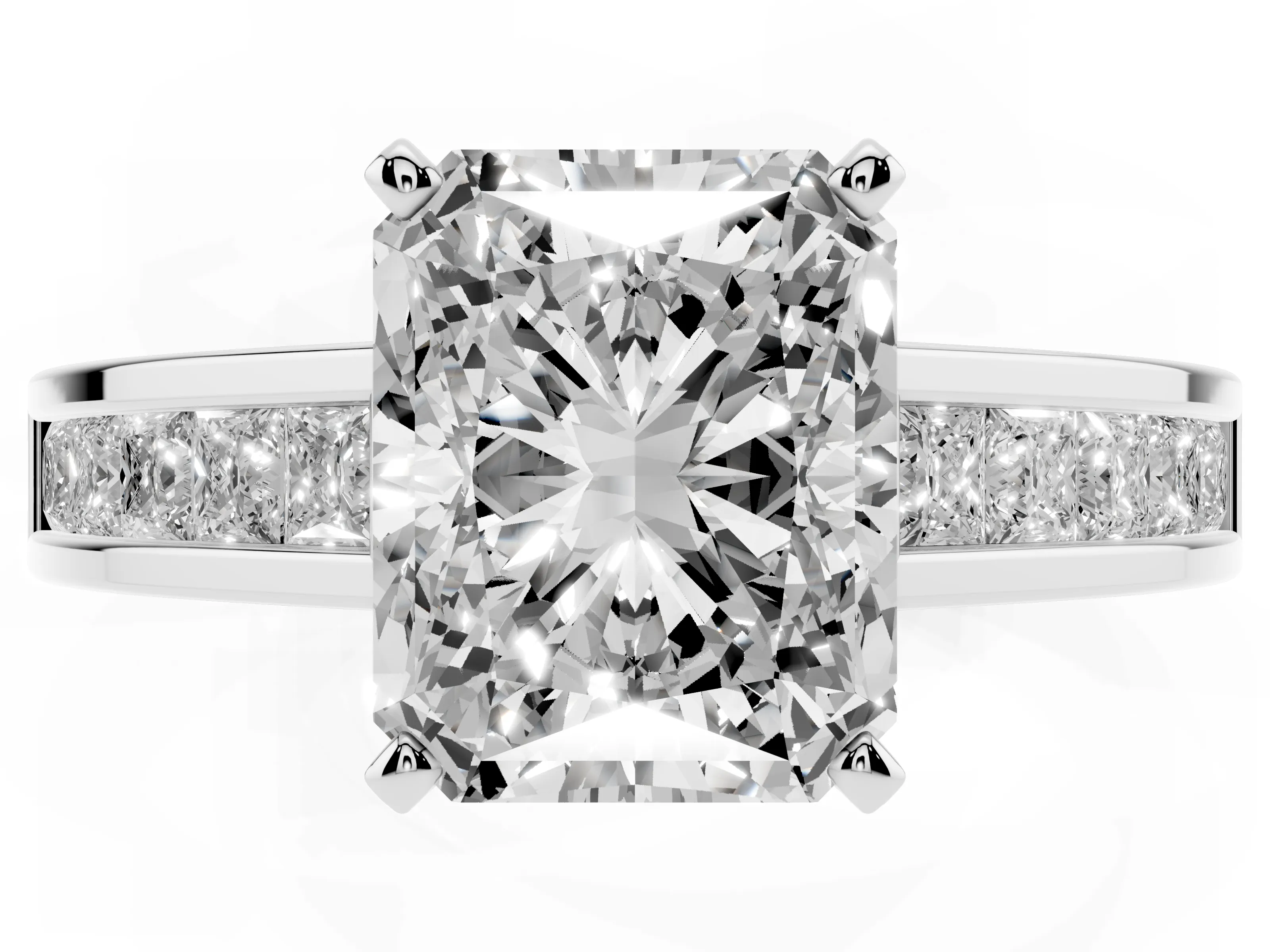 Radiant Cut Diamond Solitaire Ring Set in White gold with Channel-Set Band and Prong Setting