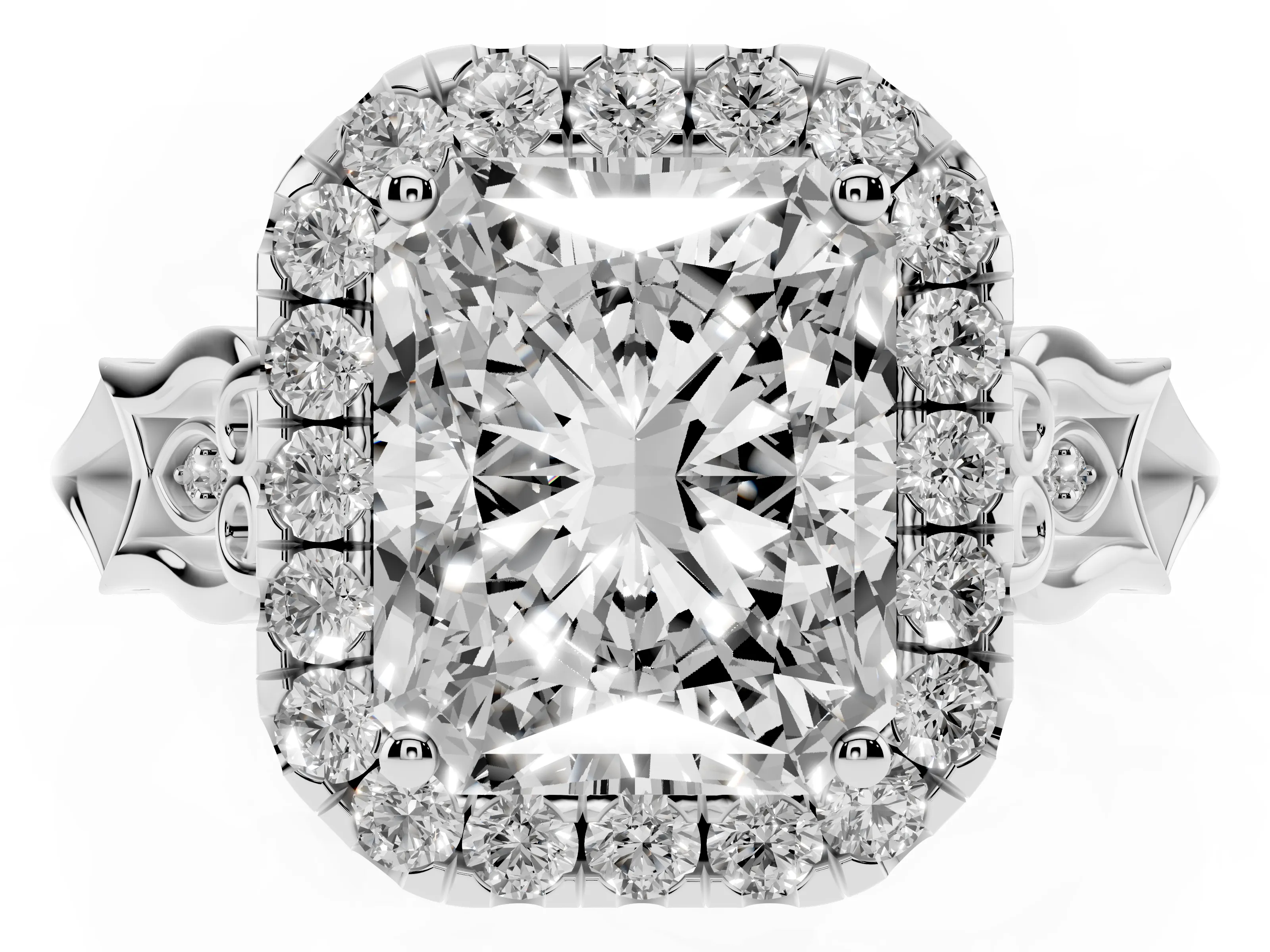 Radiant Cut Diamond Halo Engagement Ring Set in White gold with Filigree Band and Prong-Set Center