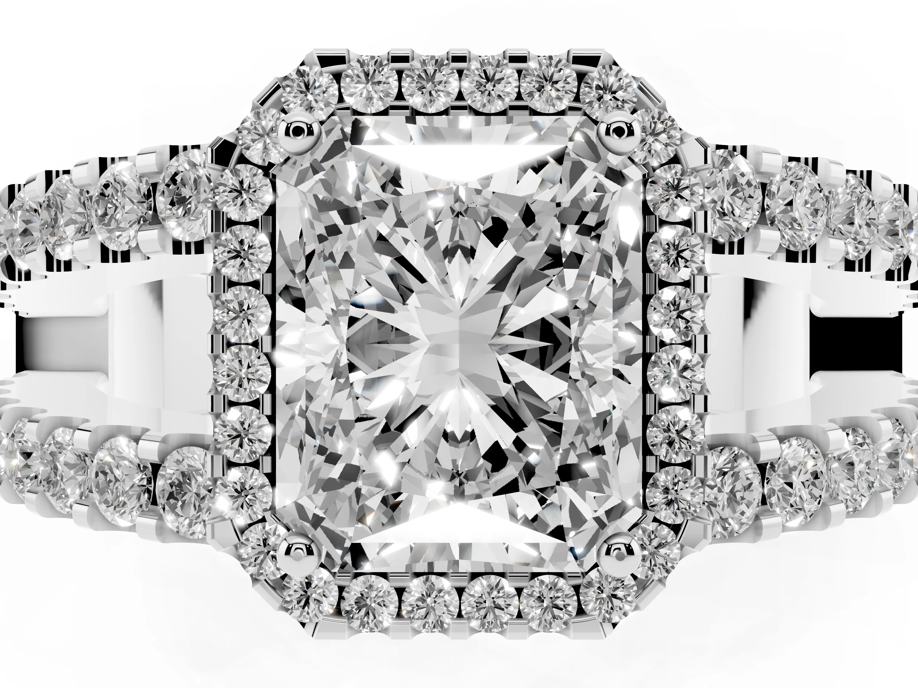 Radiant Cut Diamond Halo Ring Set in Silver with Pavé Split Shank and Prong Setting
