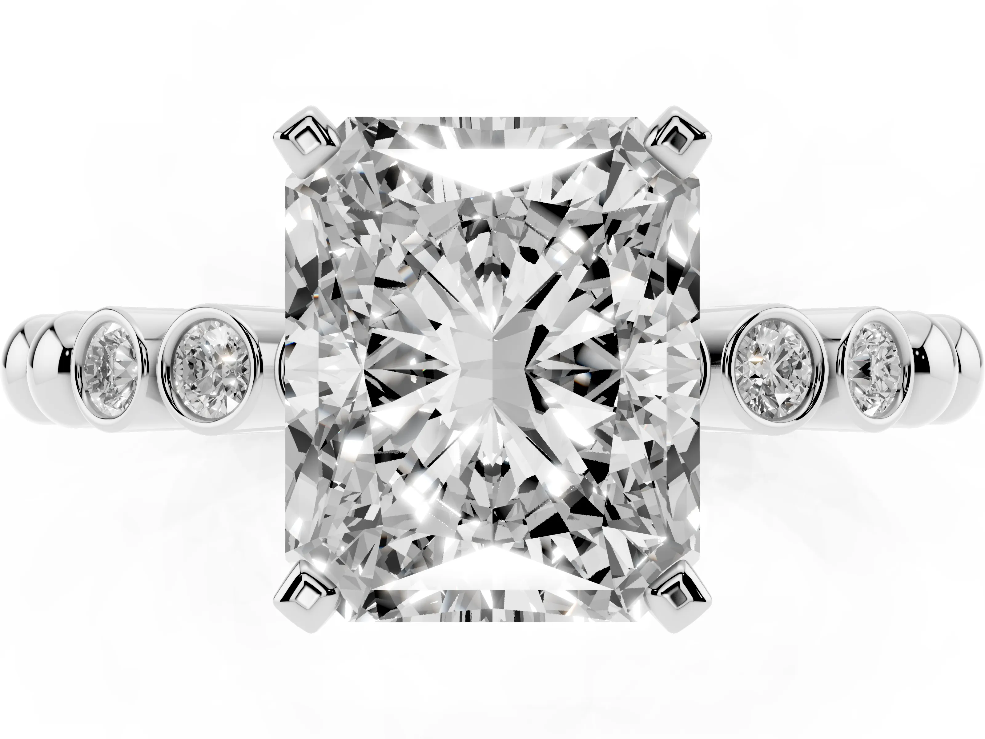 Radiant Cut Diamond Solitaire Engagement Ring Set in White gold with Bezel Accents on Beaded Band
