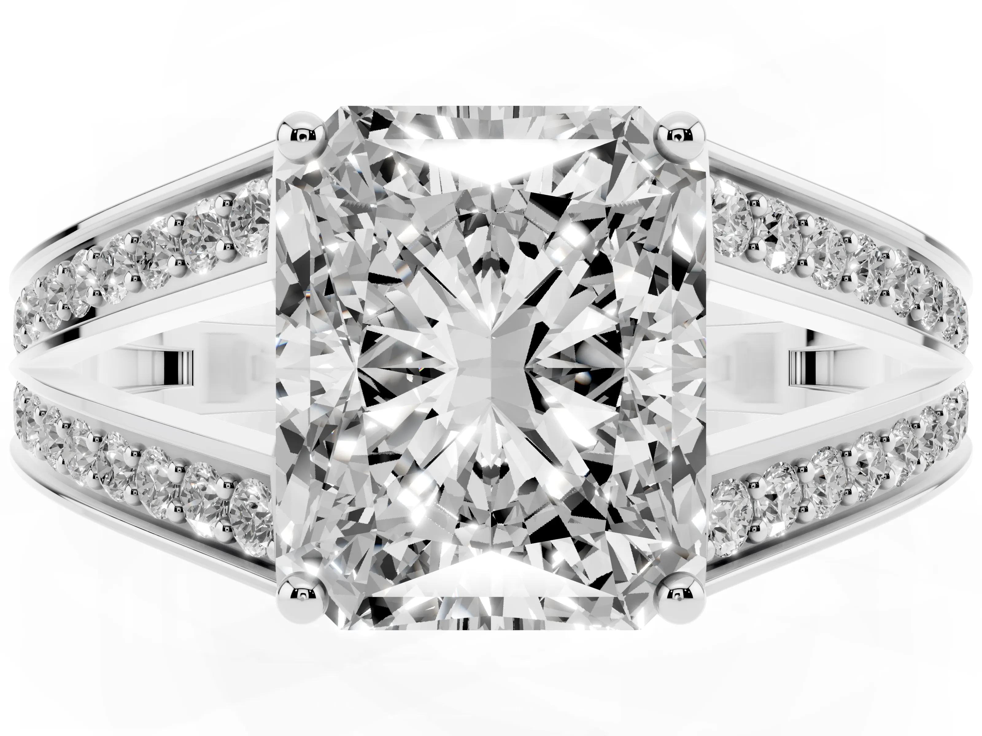 Radiant Cut Diamond Split Shank Ring Set in Silver with Pavé Band and Prong Setting