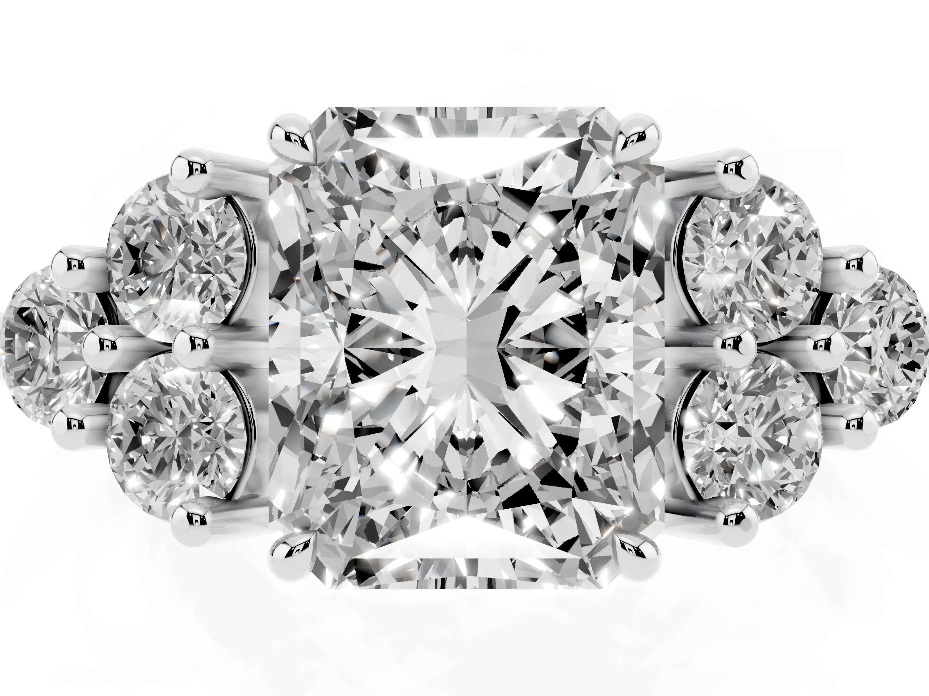 Radiant Cut Diamond Solitaire Ring Set in White gold with Cluster Accents on Each Side