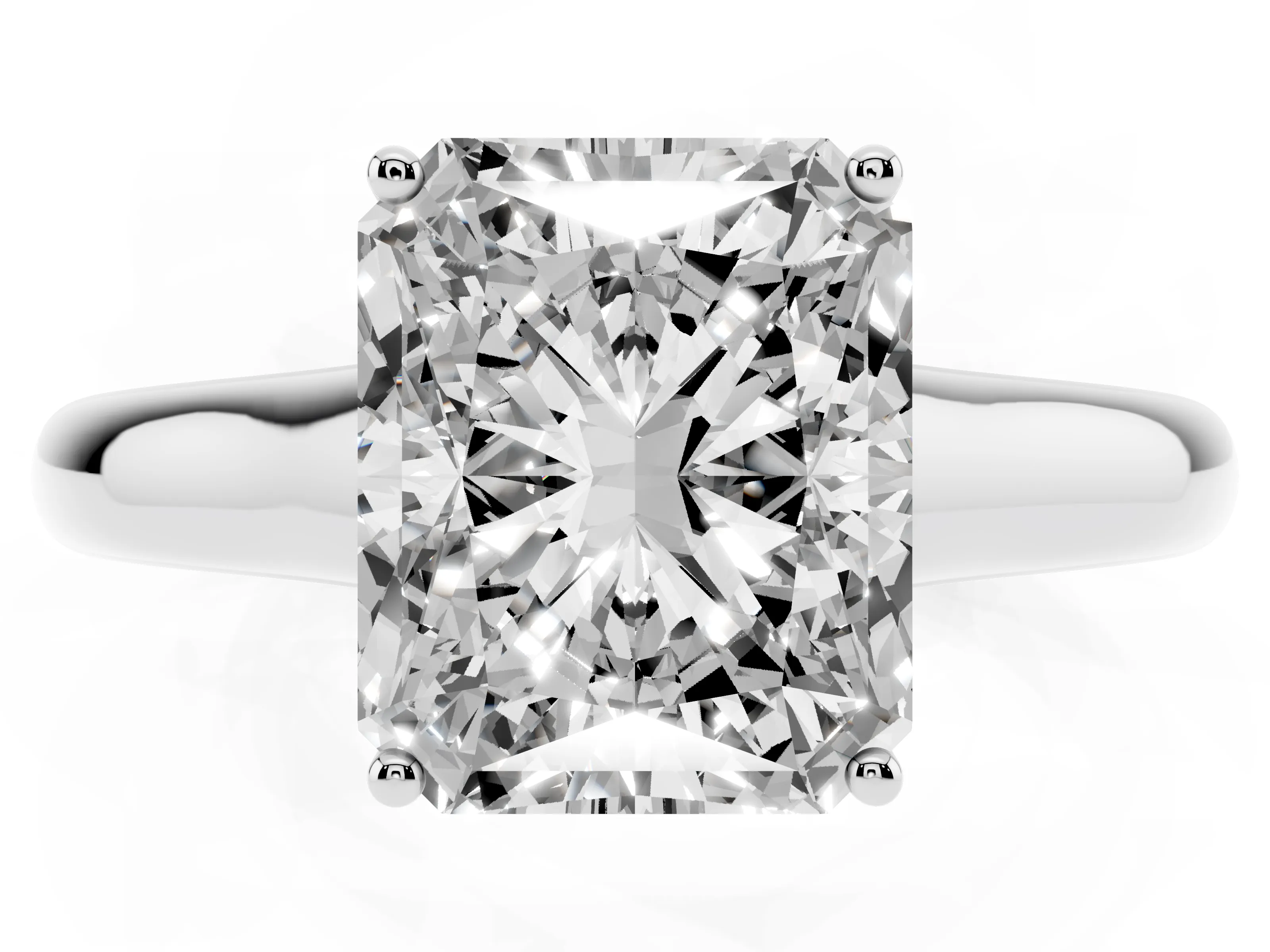 Radiant Cut Diamond Solitaire Engagement Ring Set in Silver with Subtly Tapered Band and Prong Setting