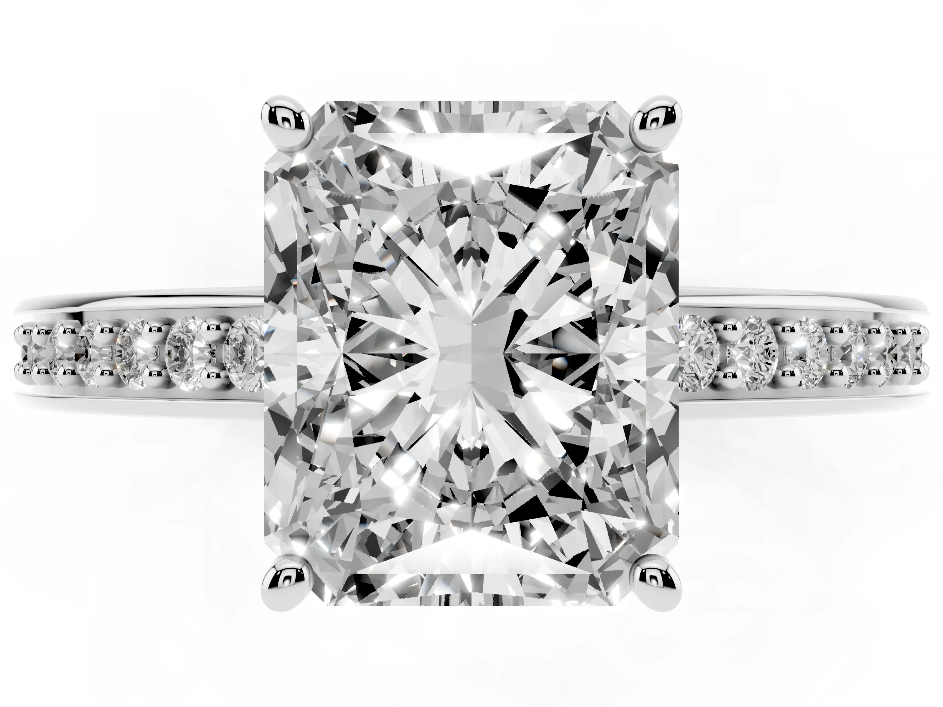 Radiant Cut Diamond Pavé Band Prong Set Solitaire Ring Set in Silver