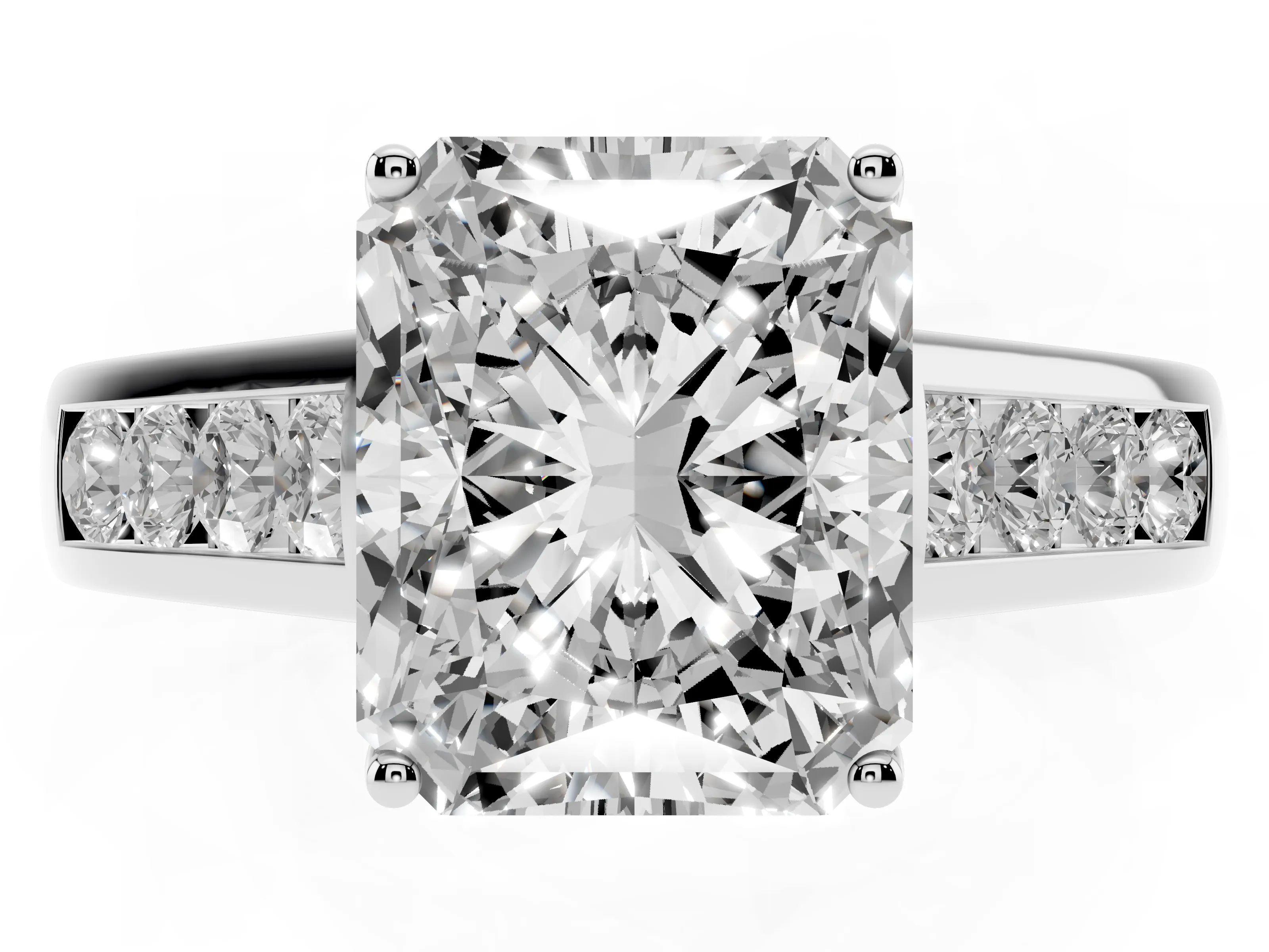 Radiant Cut Diamond Brilliant Channel-Set Solitaire Ring Set in White gold with Prong Setting