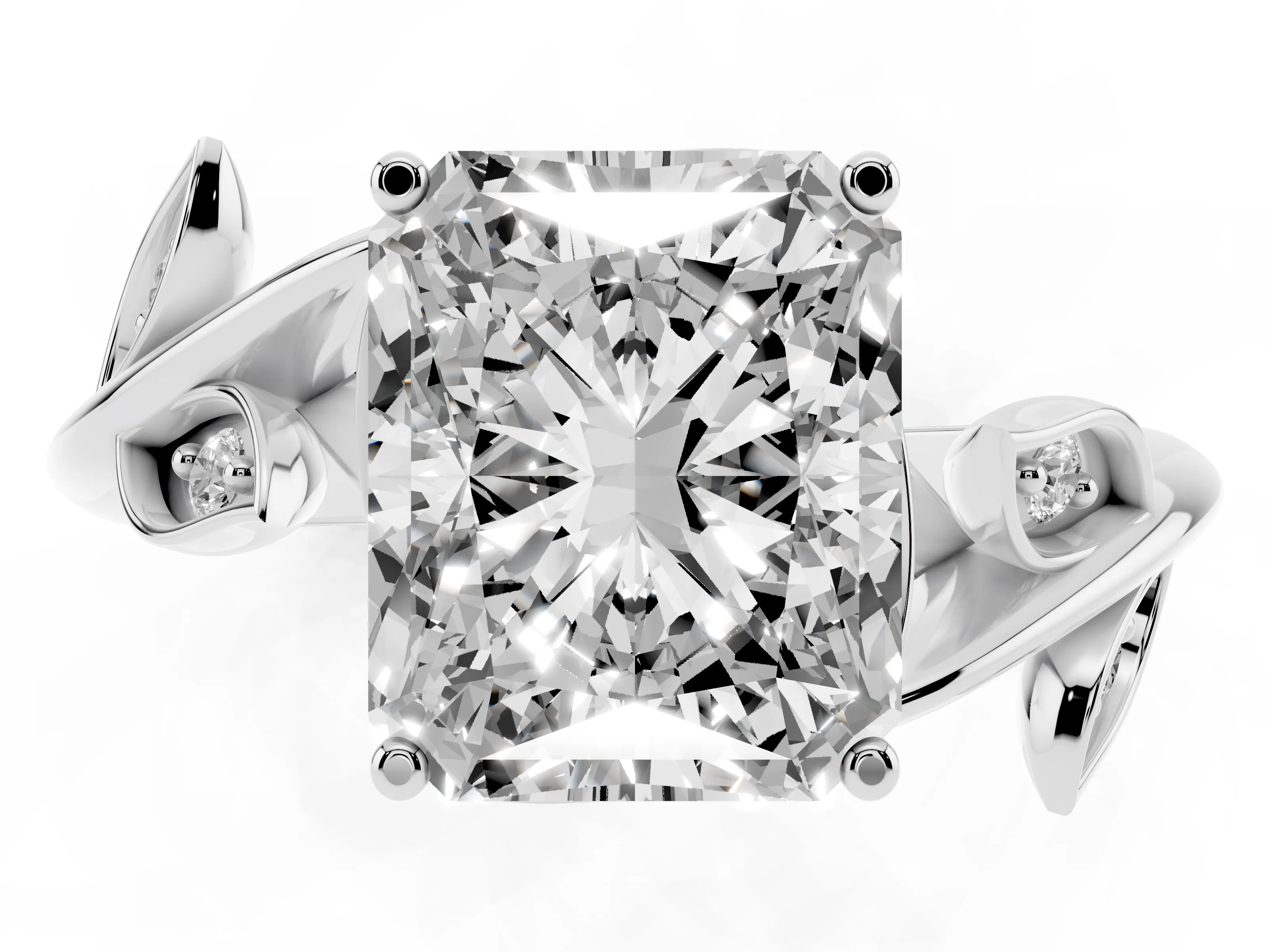 Radiant Cut Diamond Solitaire Twist Engagement Ring Set in White gold with Pavé Leaf Accents