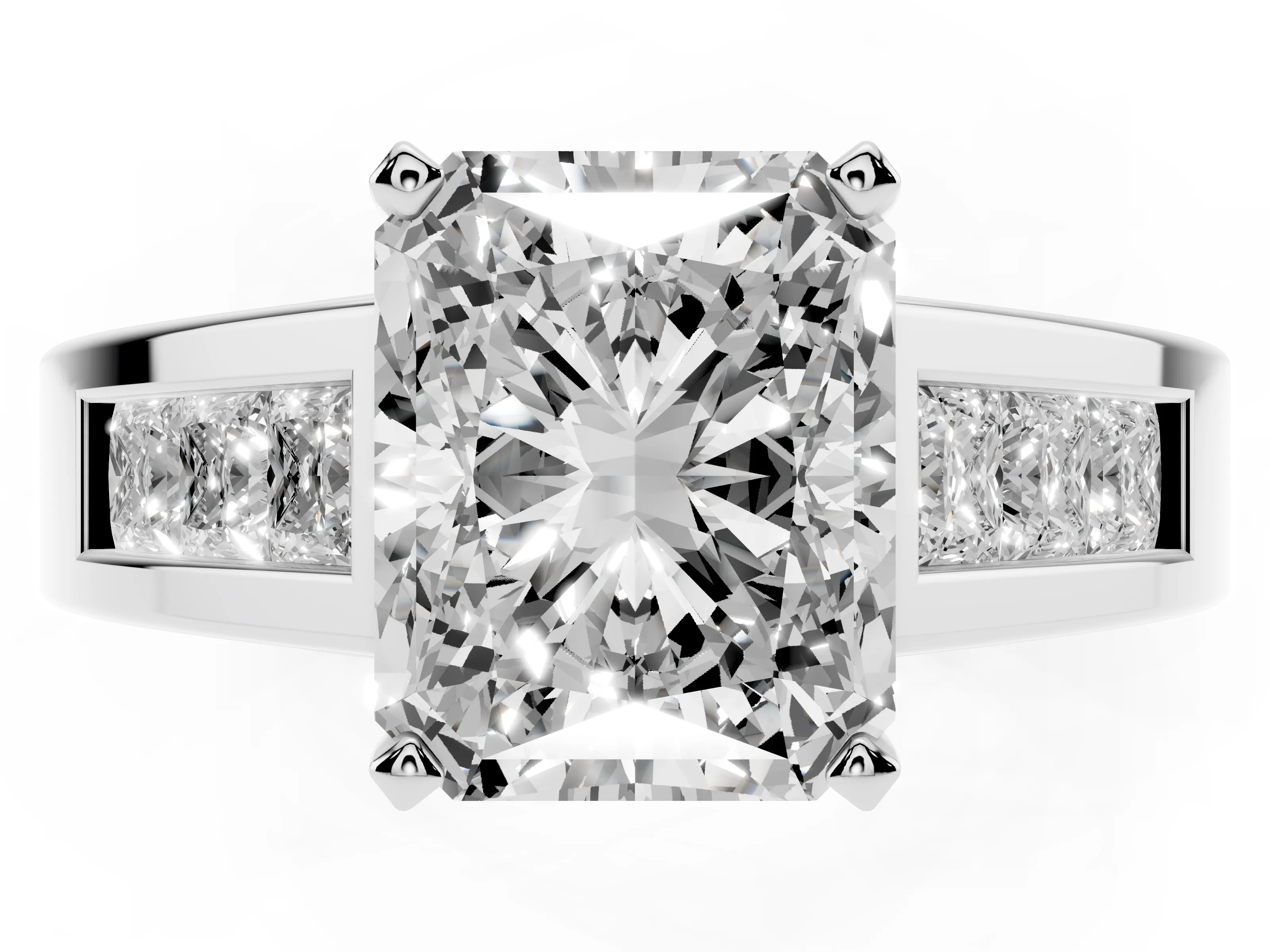 Radiant Cut Diamond Solitaire Ring Set in Silver with Channel-Set Accent Stones and Prong Setting