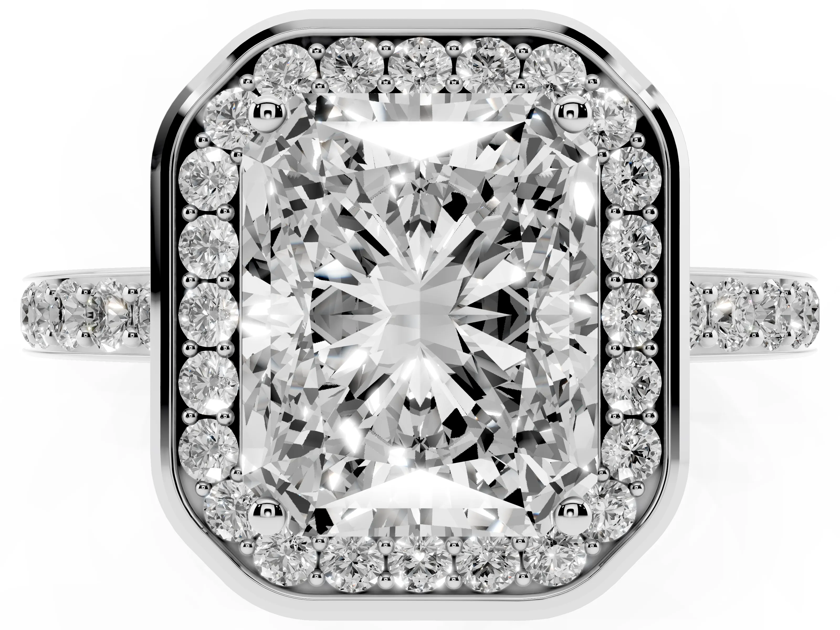 Radiant Cut Diamond Halo Ring Set in White gold with Bezel Frame and Pavé Band