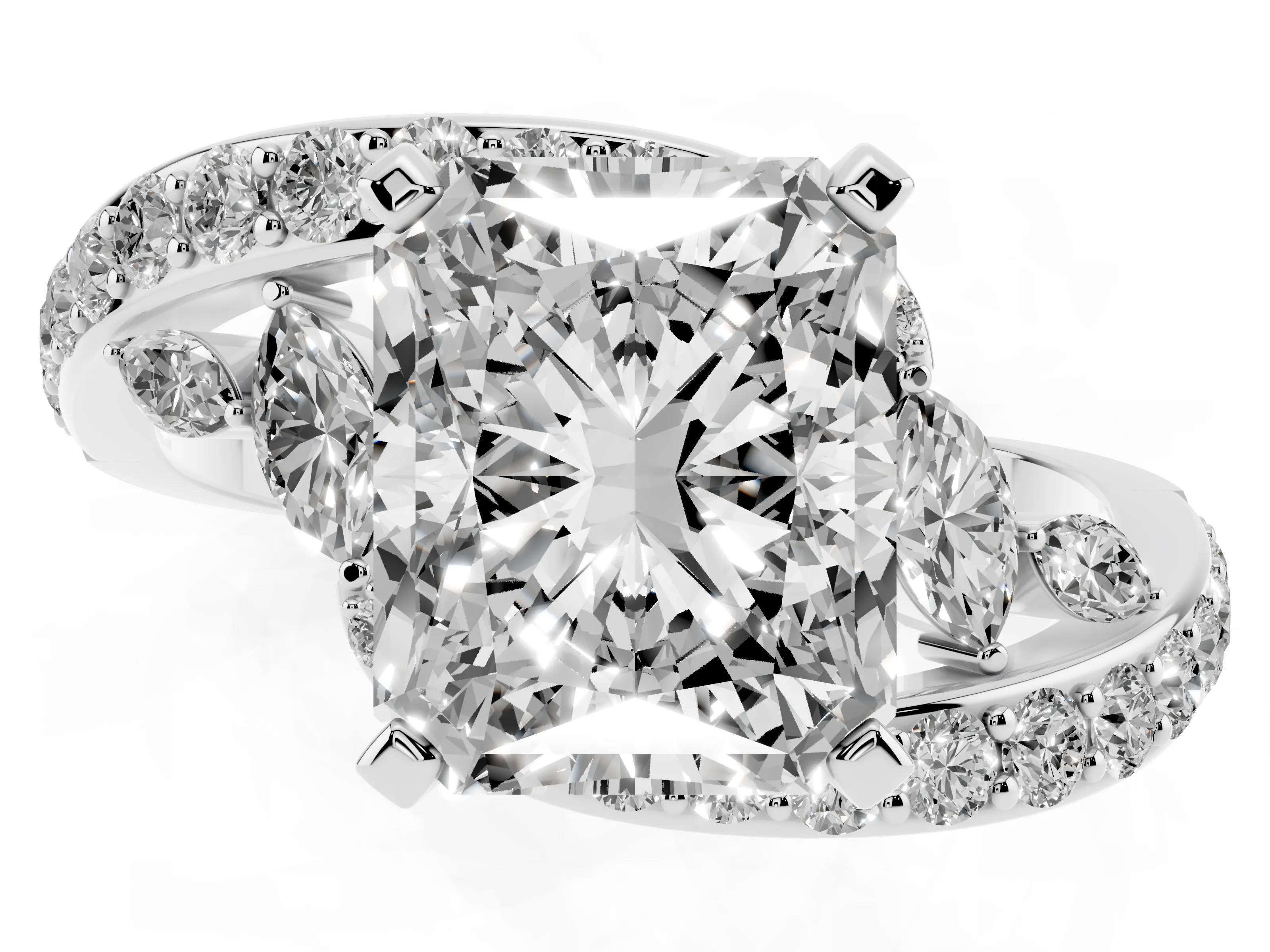 Radiant Cut Diamond Solitaire Ring Set in White gold with Pavé Twist Band and Secure Prong Setting