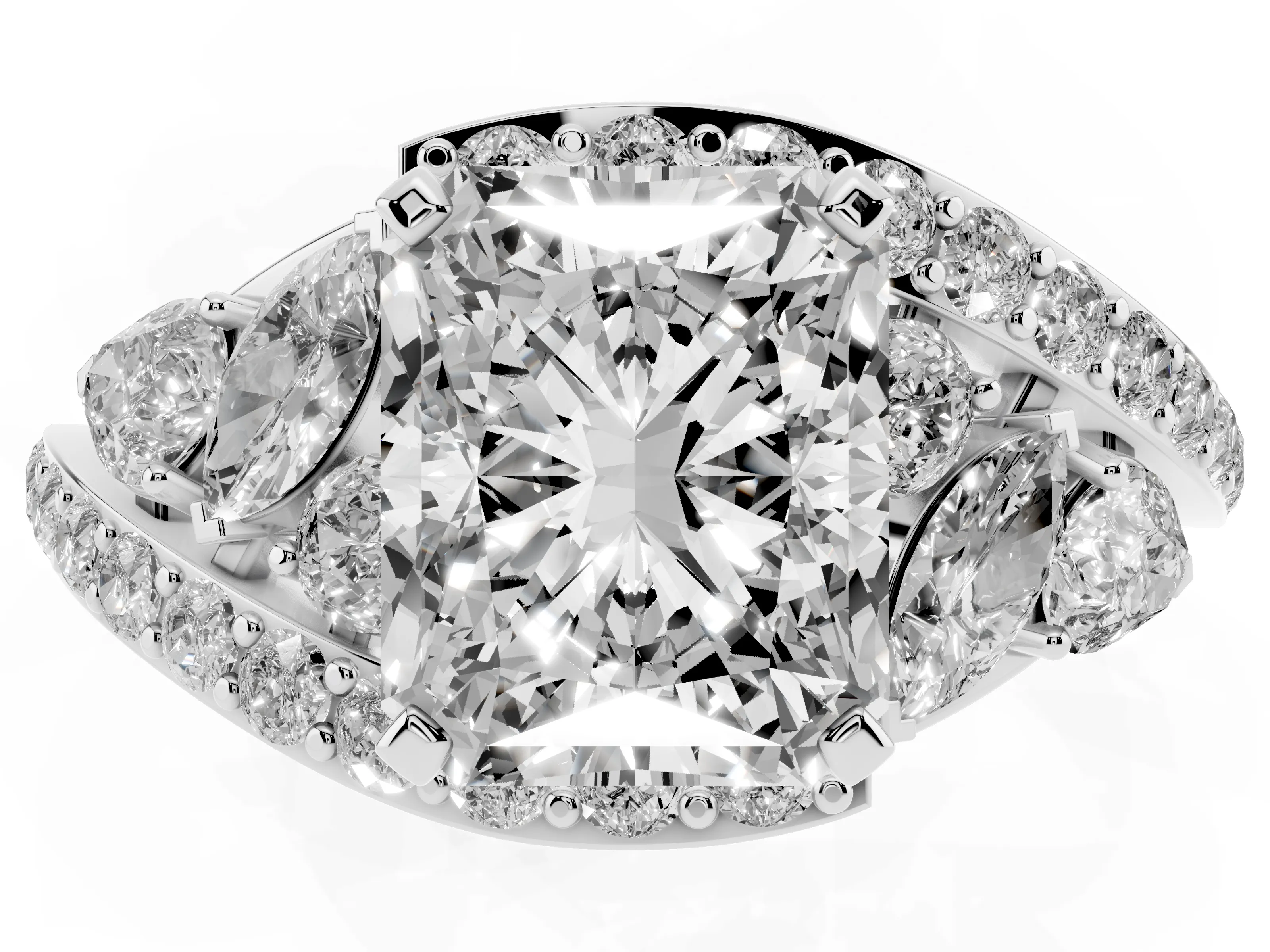 Radiant Cut Diamond Halo Ring Set in Platinum with Marquise and Pavé Band in Prong Setting