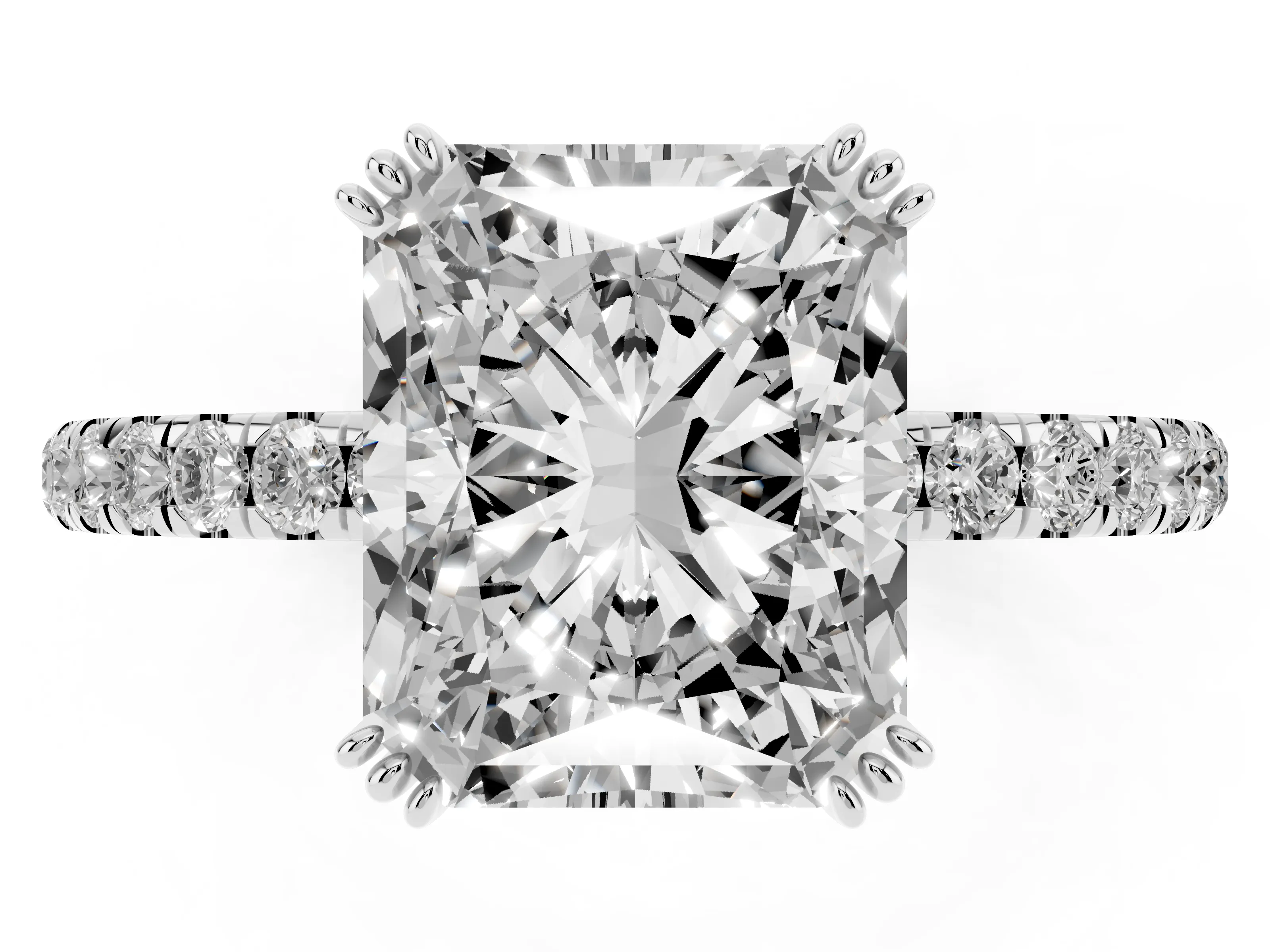 Radiant Cut Diamond Brilliant Solitaire Set in White gold with Pavé Band and Claw Prong Setting