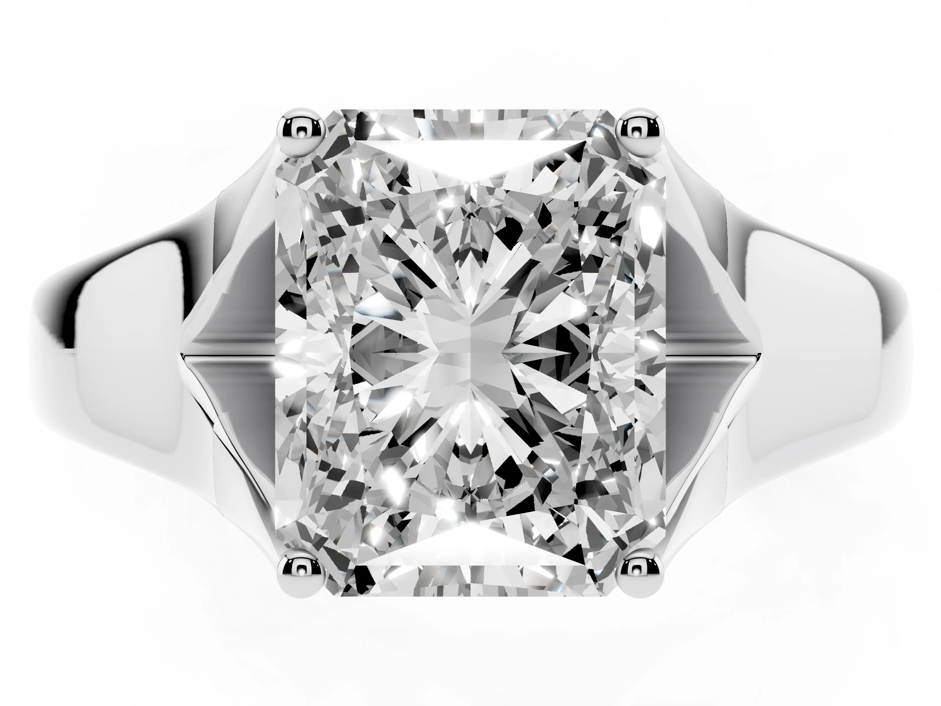 Radiant Cut Diamond Solitaire Ring Set in White gold with Arched Cathedral Band and Prong Setting