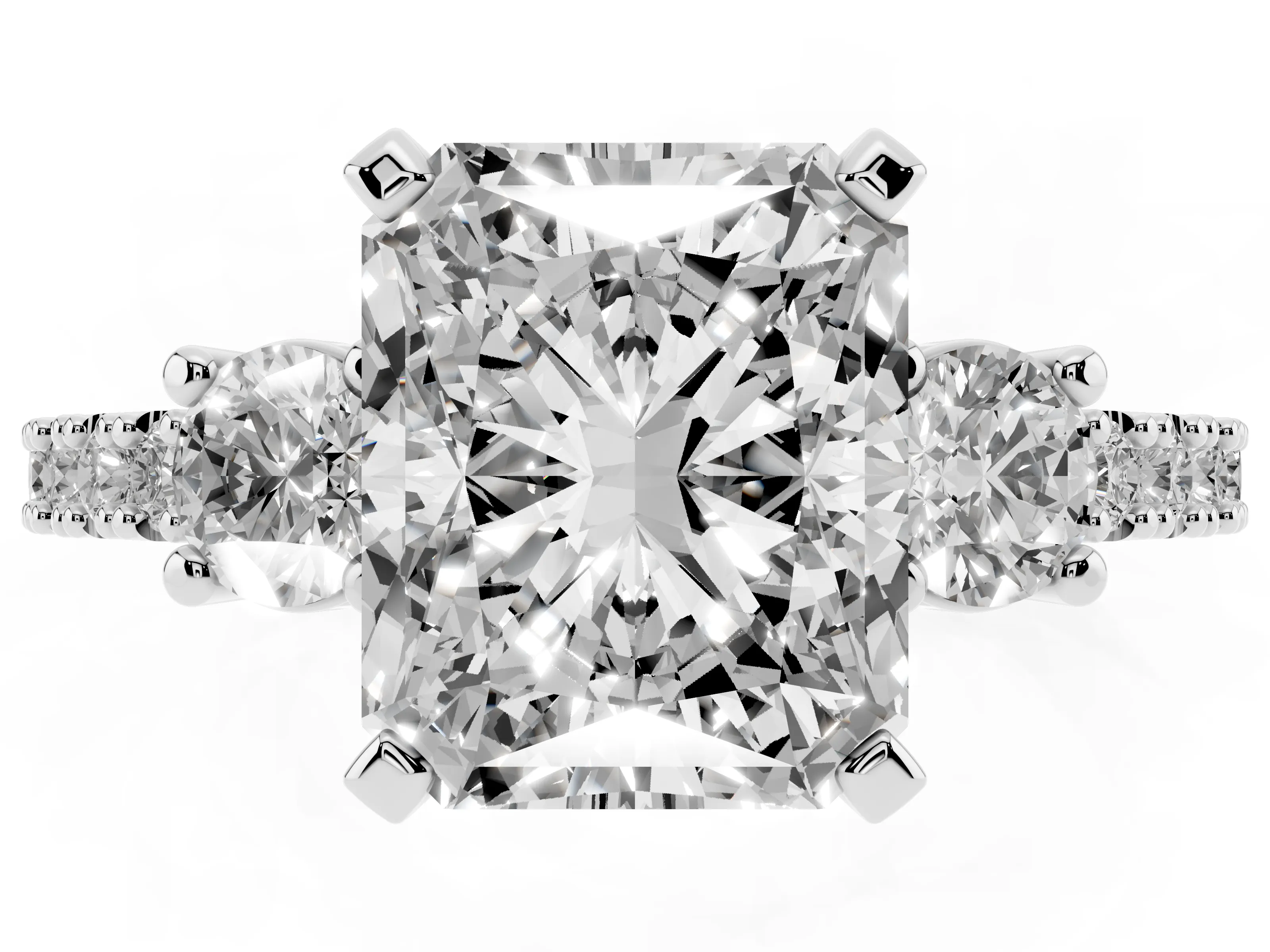 Three-Stone Radiant Cut Diamond Pavé Band Ring Set in Platinum with Prong Setting