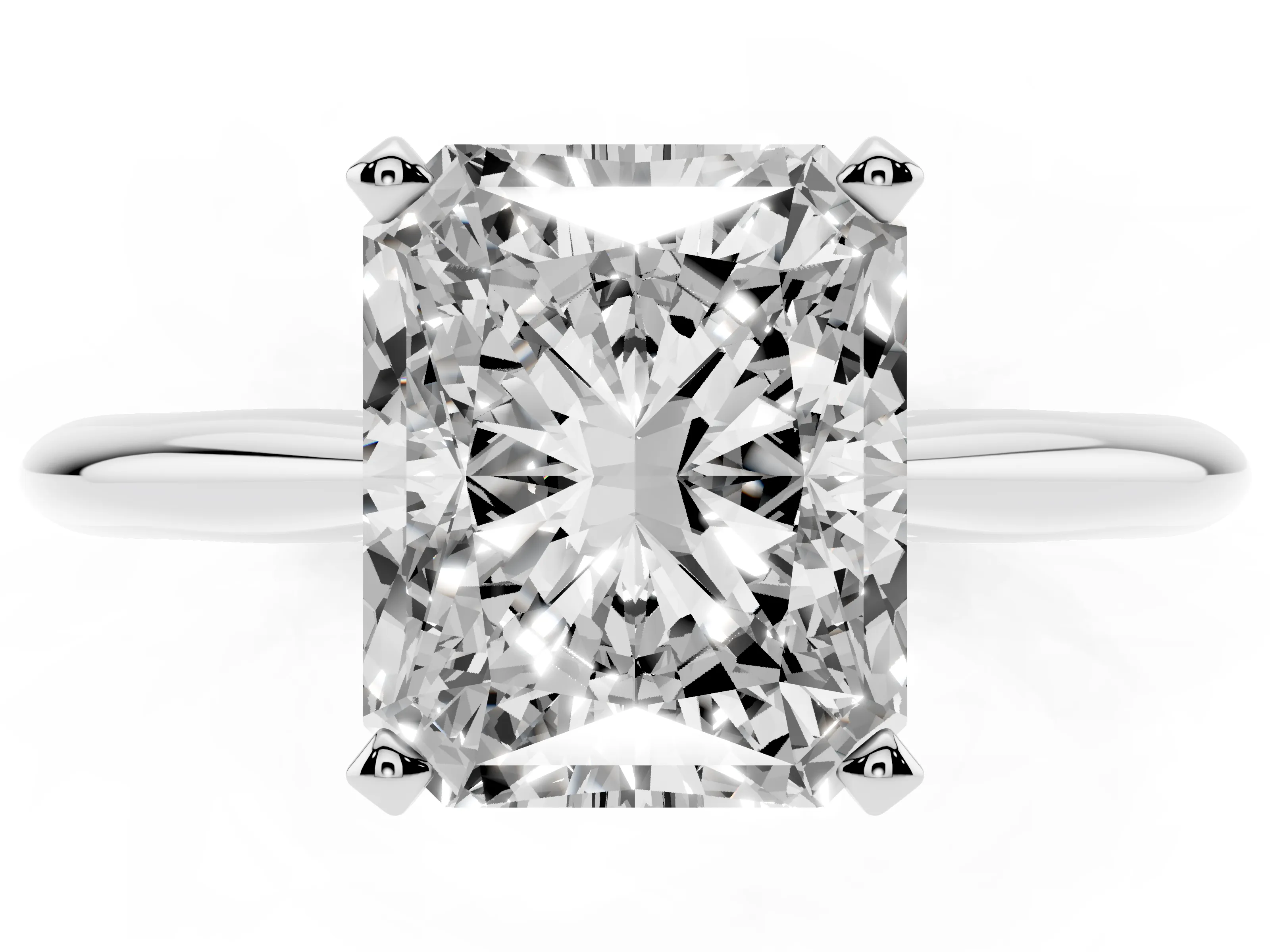 Radiant Cut Diamond Solitaire Ring Set in Platinum with Prong Setting on a Plain Round Band