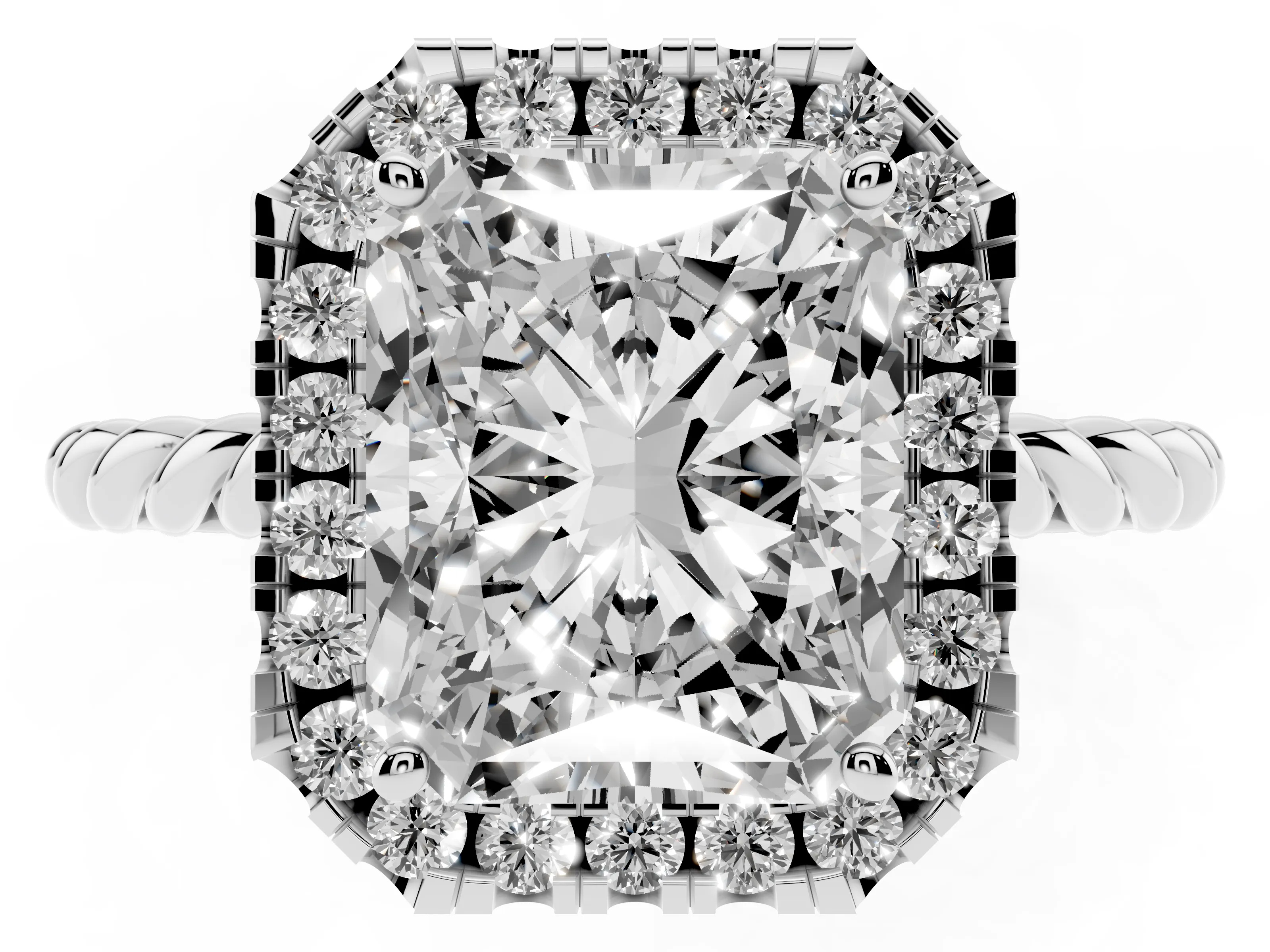Radiant Cut Diamond Halo Ring Set in White gold with Plain Twisted Band