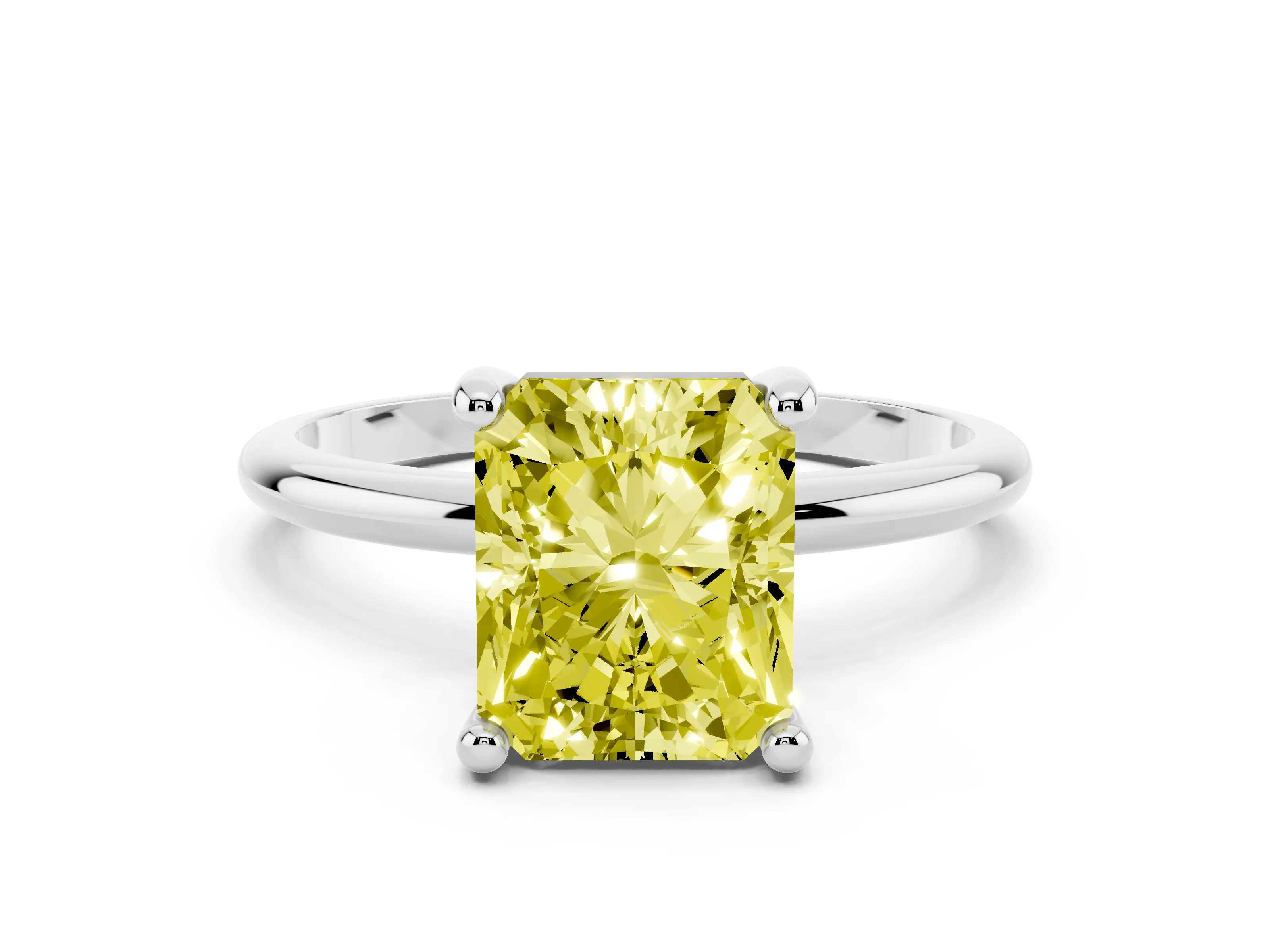 Fancy Yellow Radiant Cut Diamond Solitaire Ring Set in White gold with Secure Prong Setting on a Classic Band