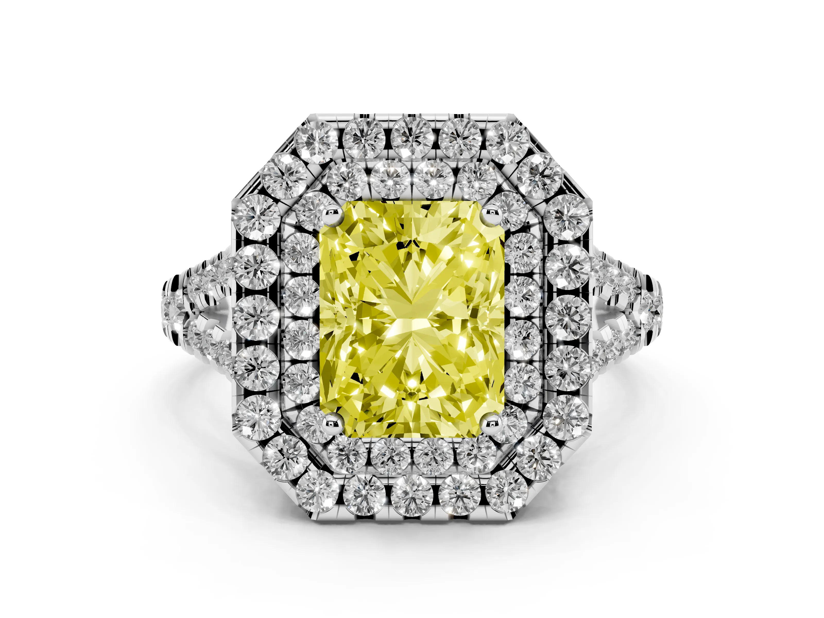 Fancy Yellow Radiant Cut Diamond Double Halo Ring Set in Silver with Pavé Split Shank and Prong Setting