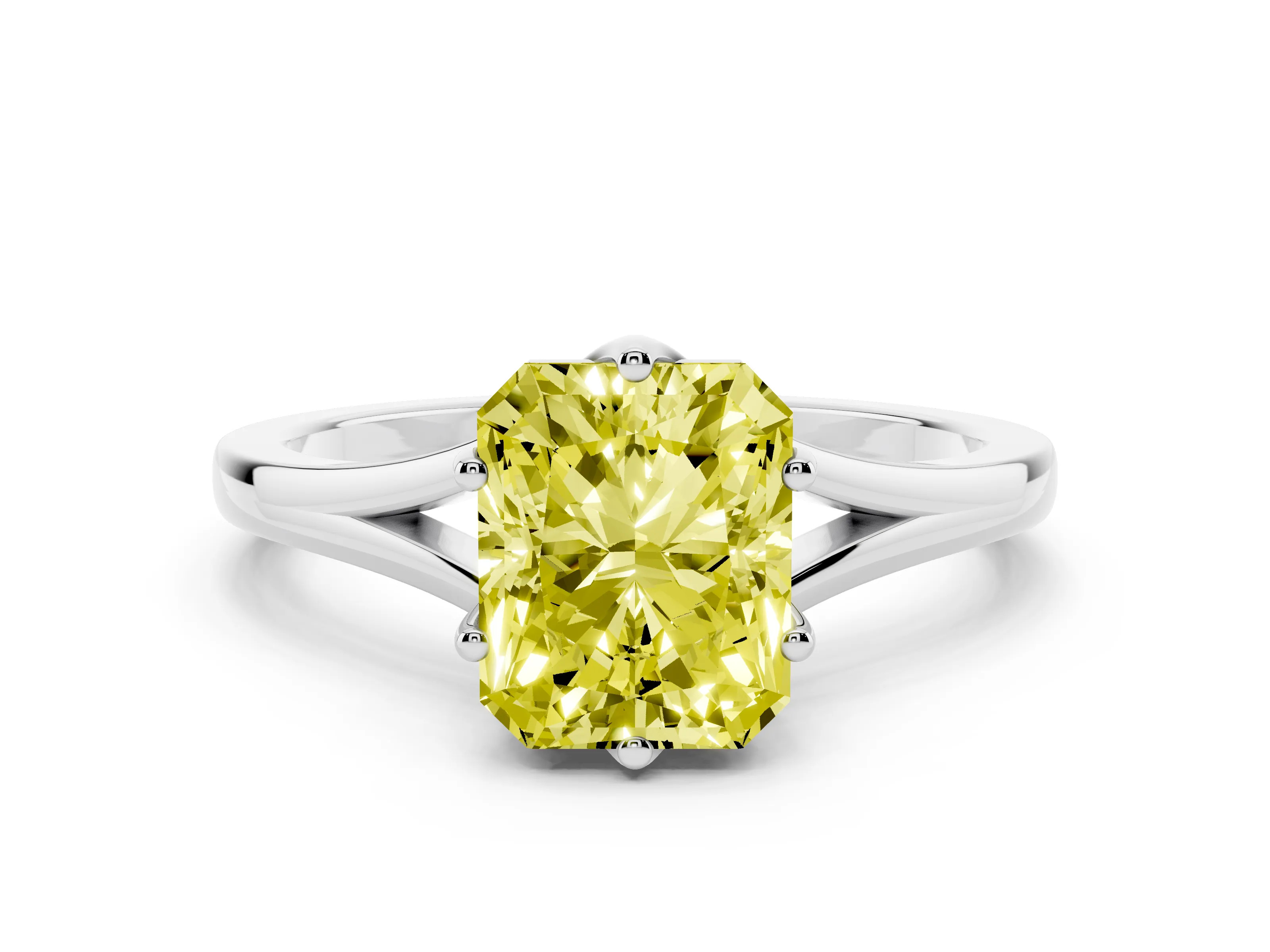 Fancy Yellow Radiant Cut Diamond Solitaire Ring Set in Platinum with Polished Tapered Band and Prong Setting