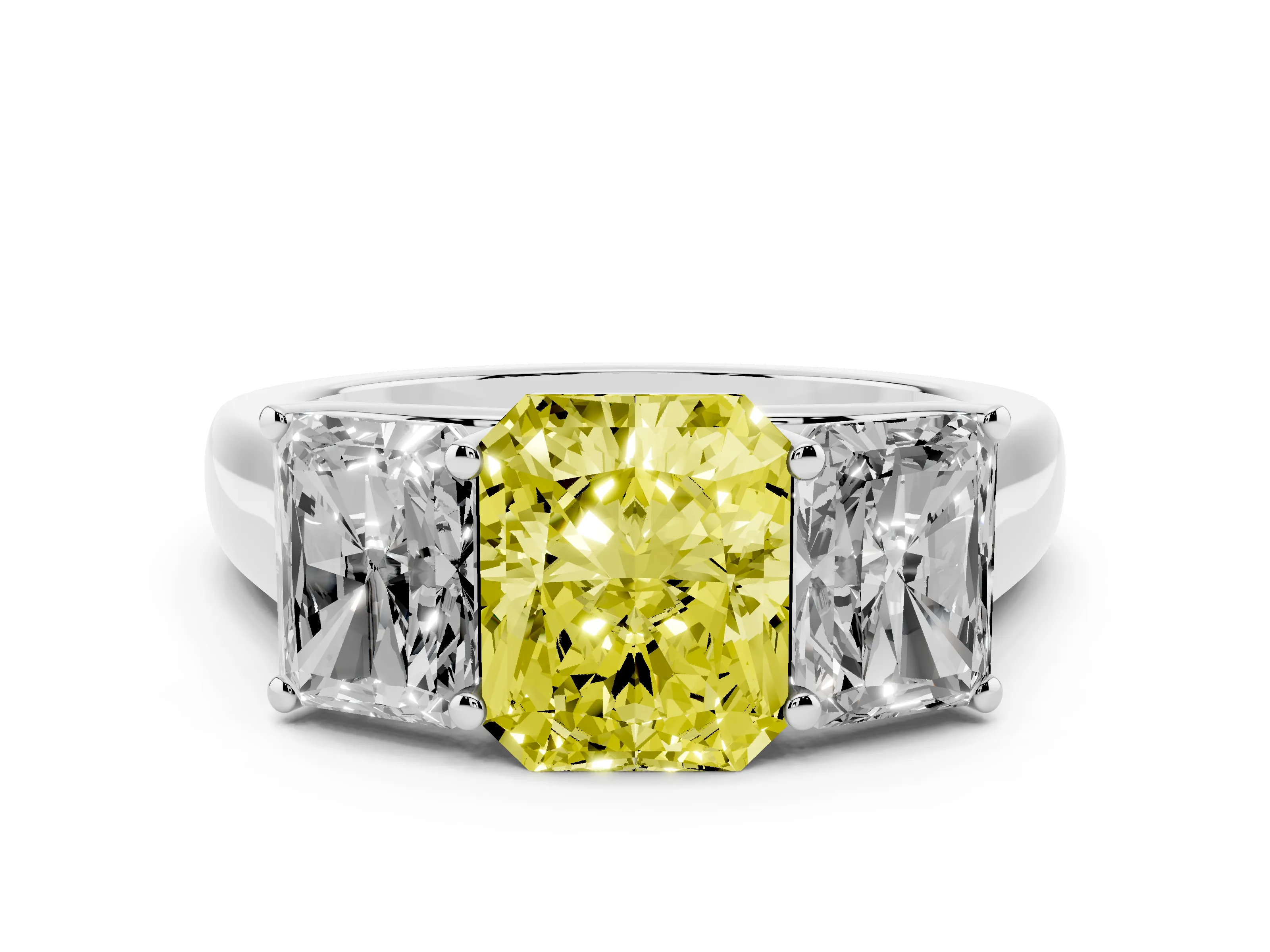 Fancy Yellow Radiant Cut Diamond Three-Stone Ring Set in White gold with Plain Polished Band