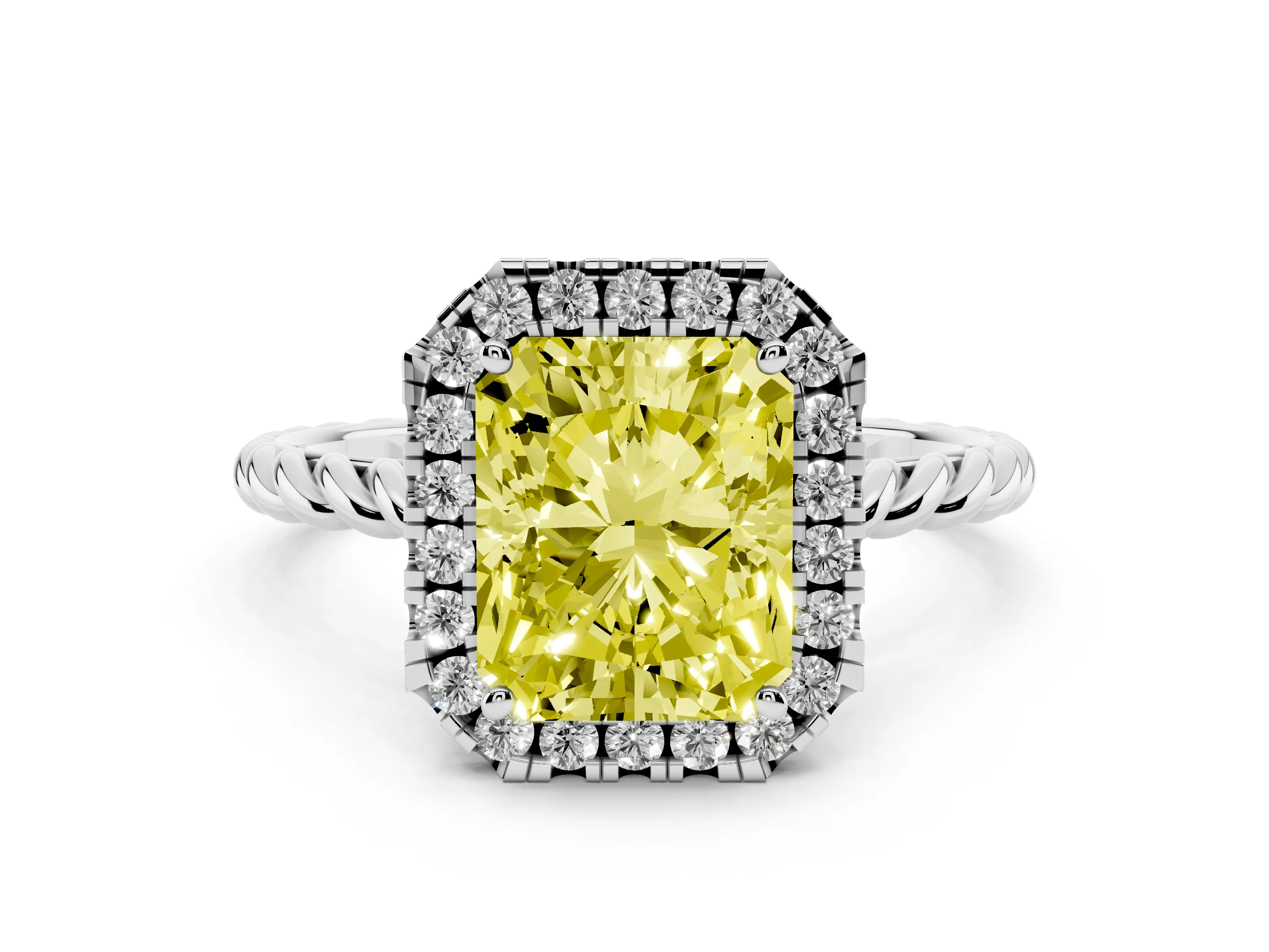 Fancy Yellow Radiant Cut Diamond Halo Ring Set in Platinum with Plain Twisted Band