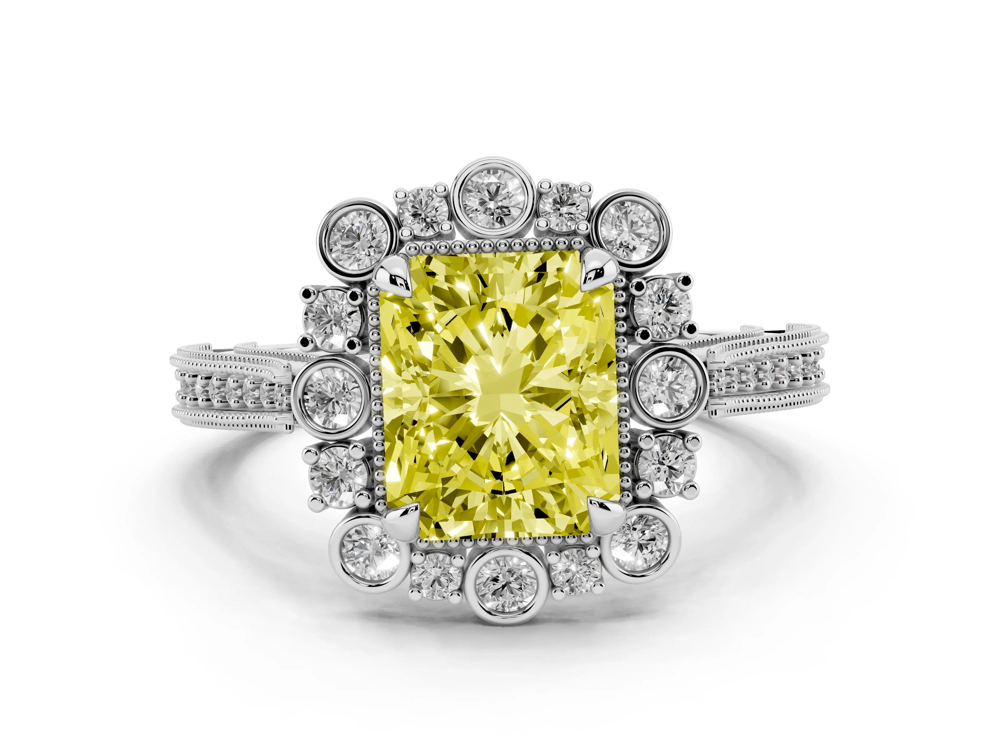 Fancy Yellow Radiant Cut Diamond Halo Milgrain Pavé Ring Set in Platinum with Prong Setting