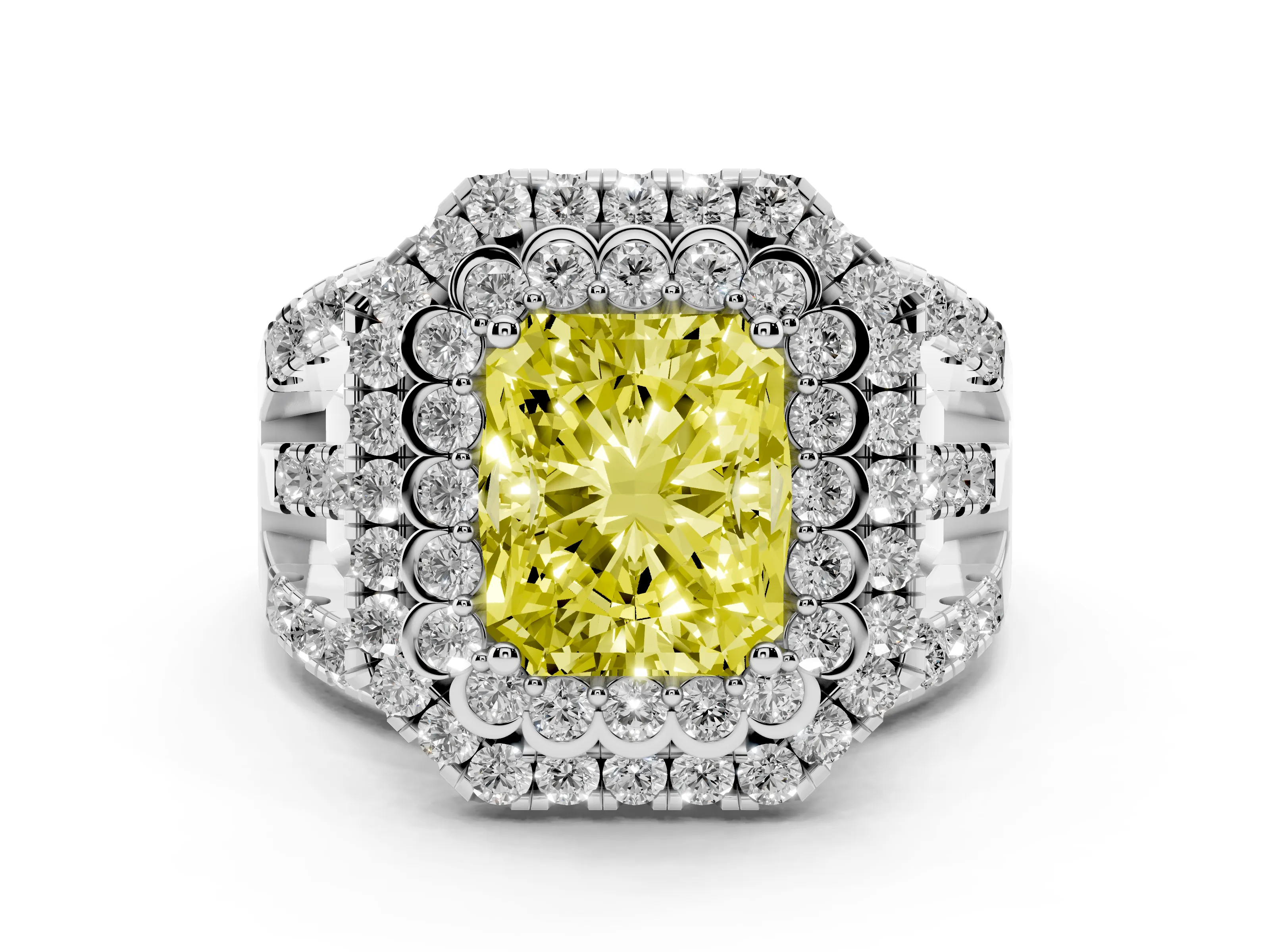 Fancy Yellow Radiant Cut Diamond Double Halo Ring Set in White gold with Round Pavé Split Shank