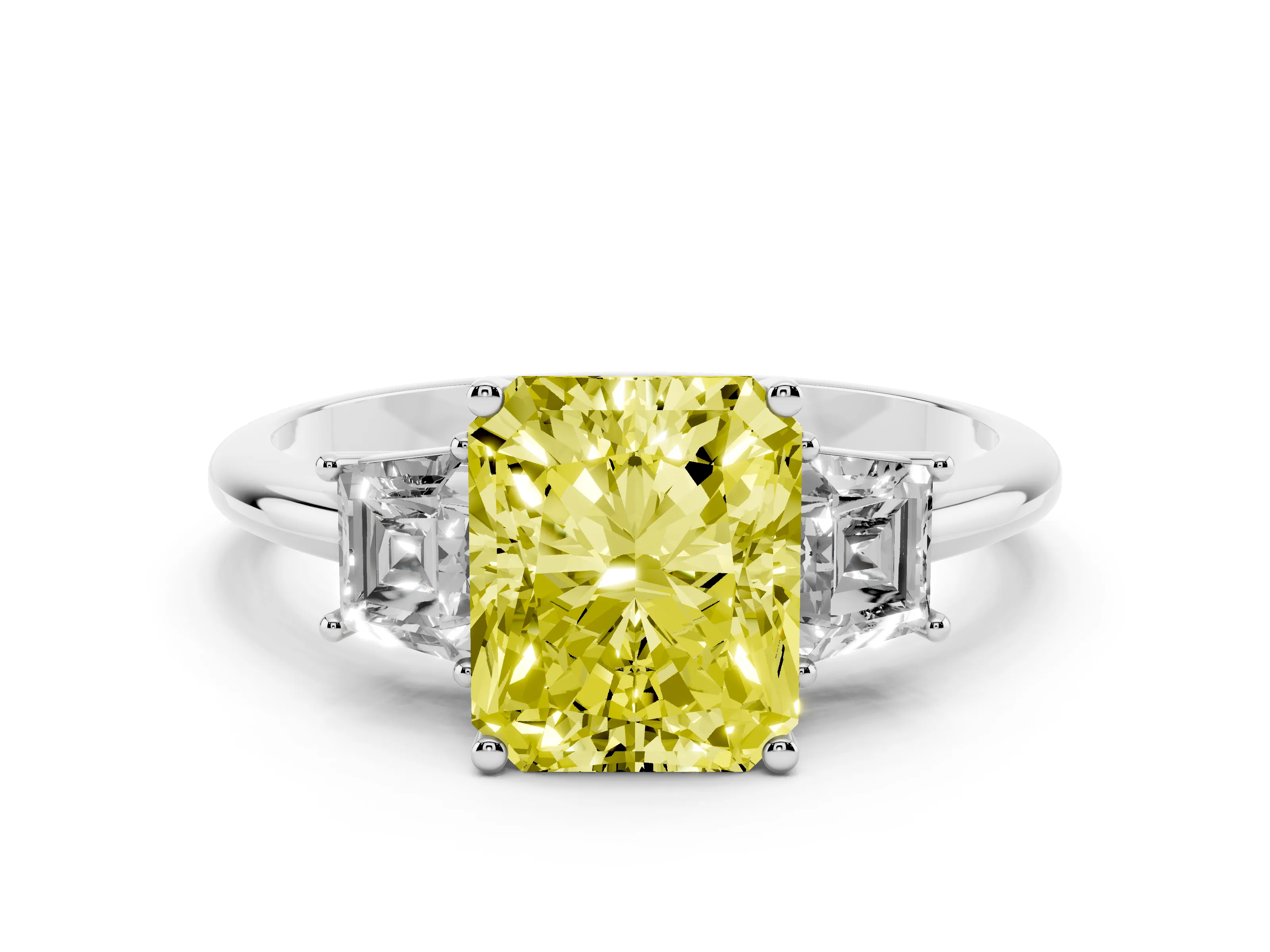 Fancy Yellow Radiant Cut Diamond Three-Stone Ring Set in Silver with Trapezoid Side Stones and Prong Setting
