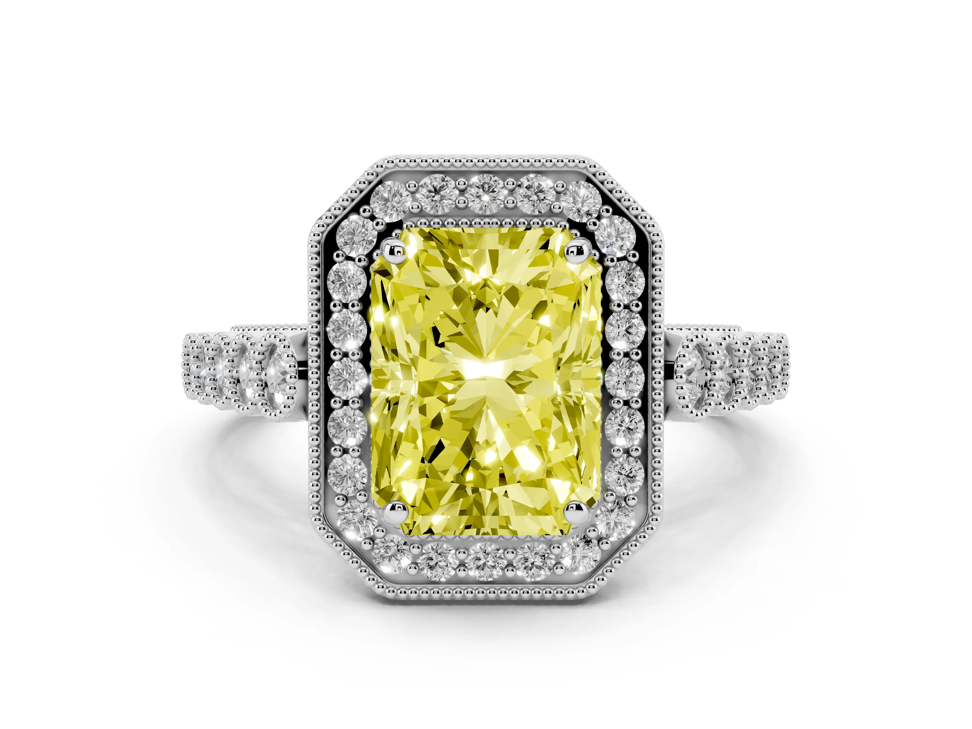 Fancy Yellow Radiant Cut Diamond Milgrain Halo Solitaire Ring Set in White gold with Bezel Set Side Stones and Pavé Band