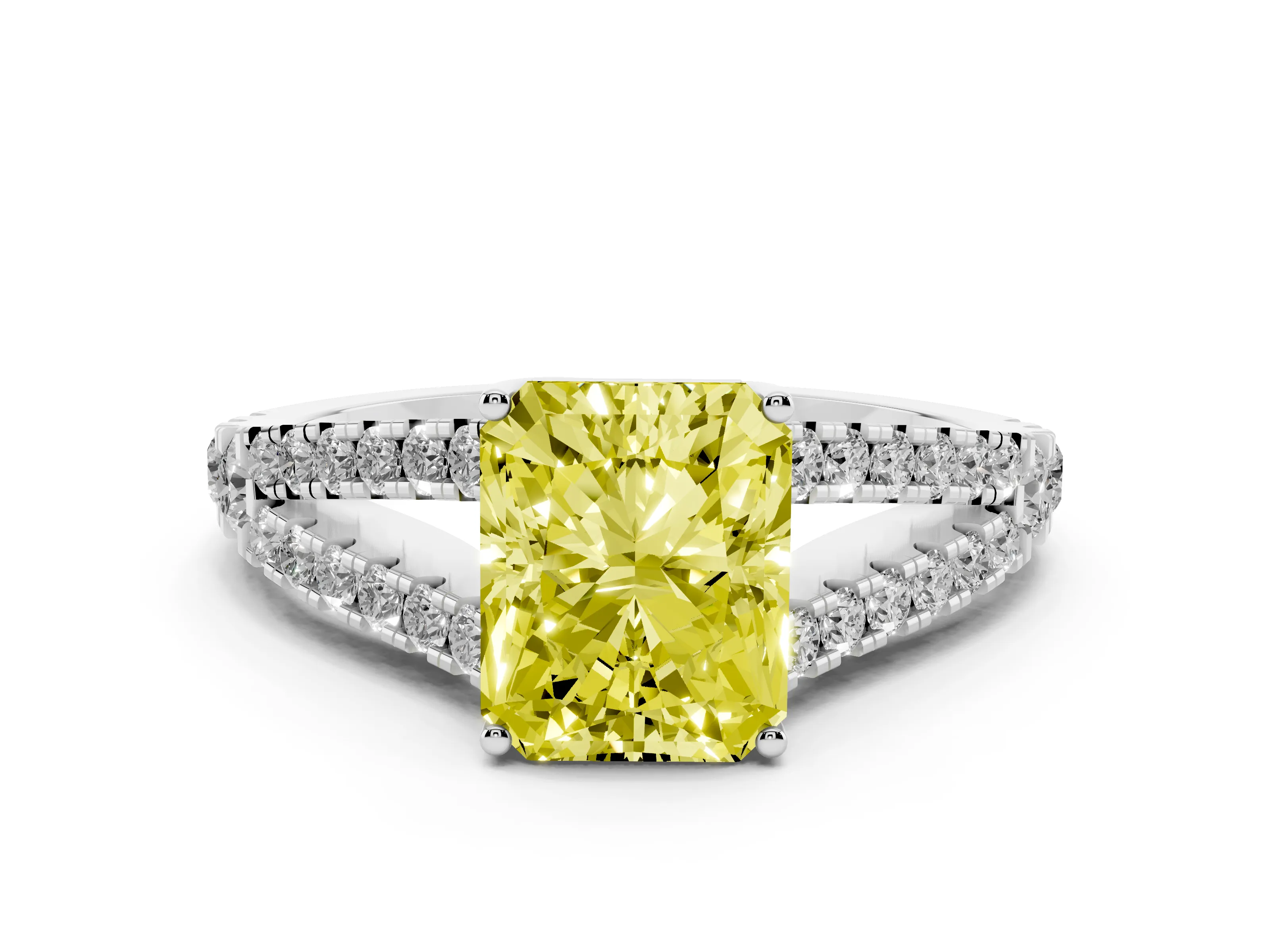 Fancy Yellow Radiant Cut Diamond Split Shank Pavé Engagement Ring Set in Platinum with Prong-Held Center Stone