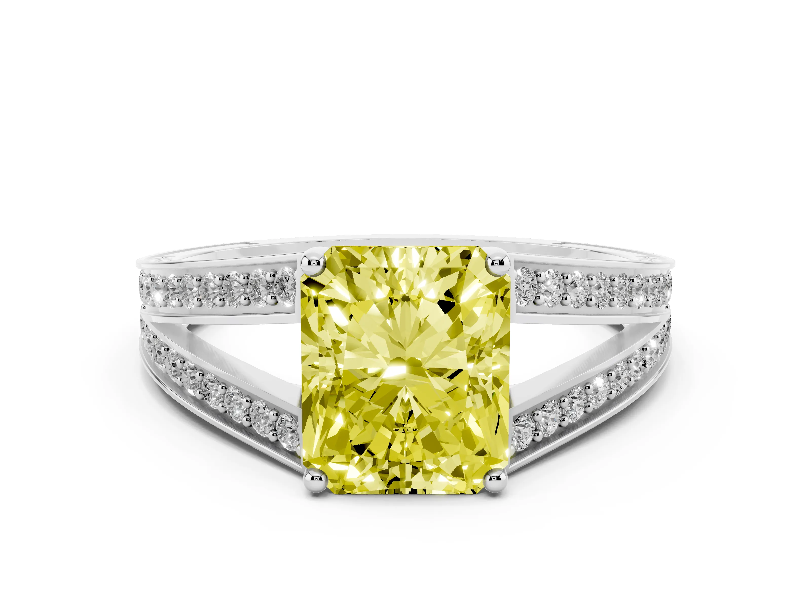 Fancy Yellow Radiant Cut Diamond Split Shank Ring Set in Platinum with Pavé Band and Prong Setting