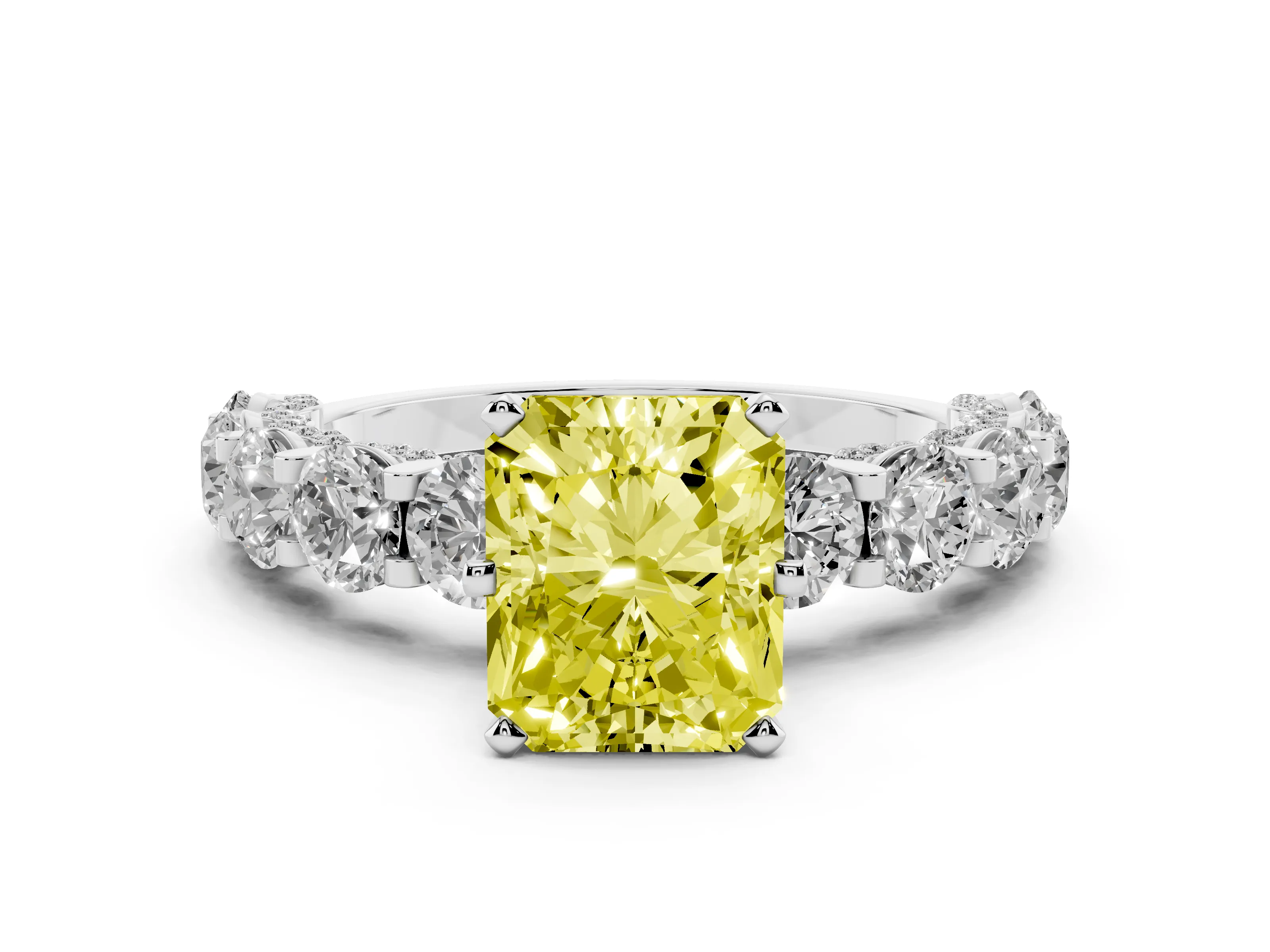 Fancy Yellow Radiant Cut Diamond Side Stone Ring Set in Platinum with Alternating Round and Oval Side Stones